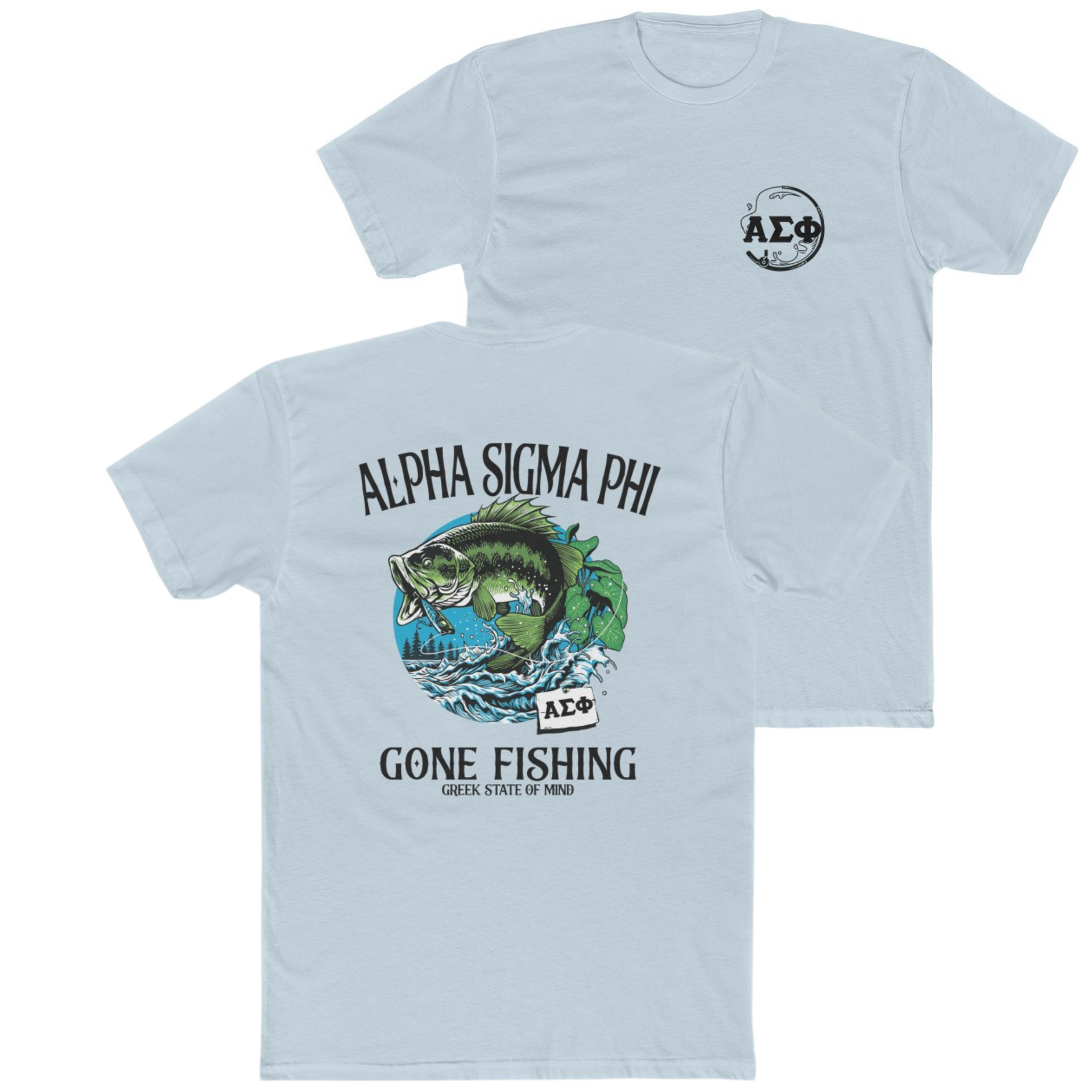 Light Blue Alpha Sigma Phi Graphic T-Shirt | Gone Fishing | Alpha Sigma Phi Fraternity Shirt