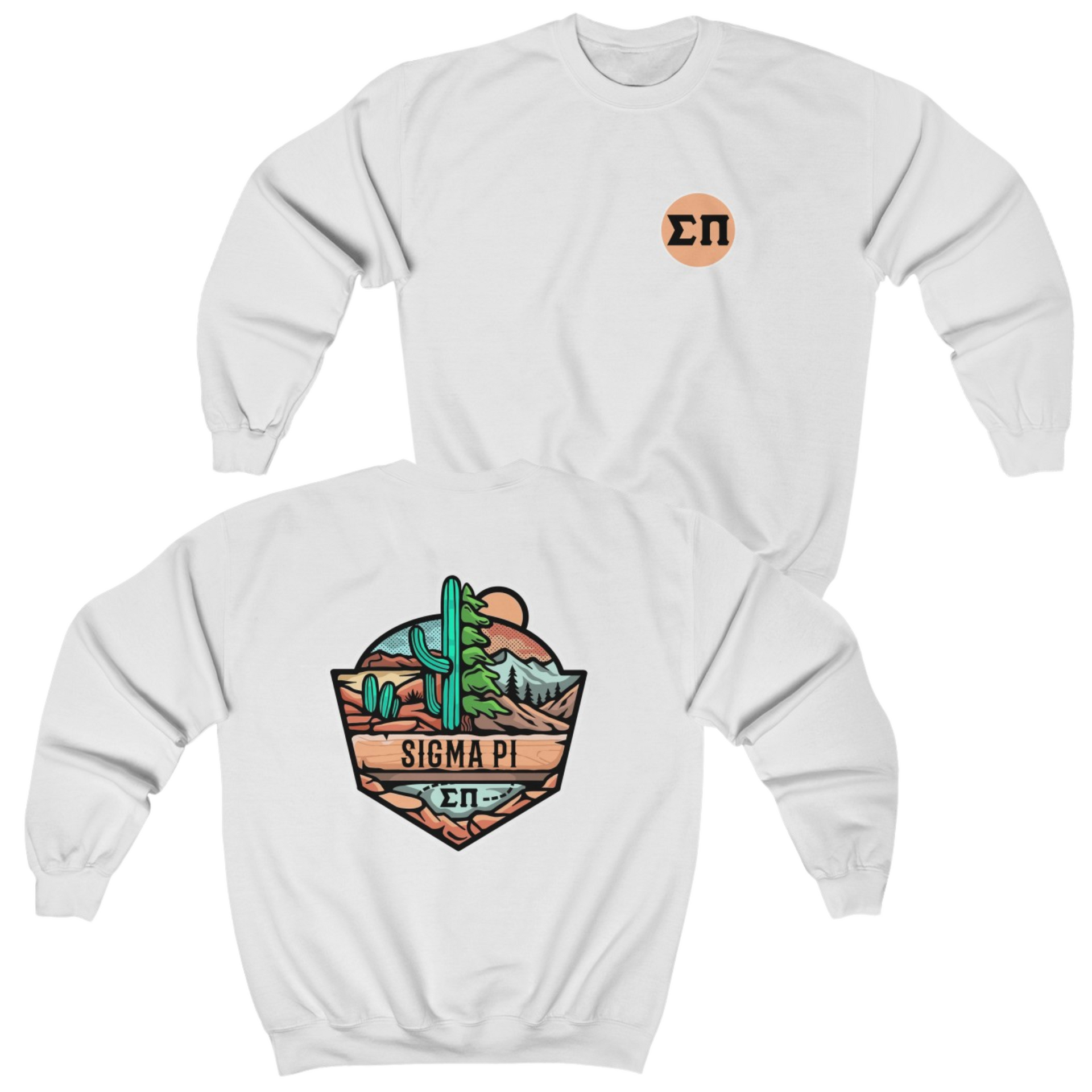 White Sigma Pi Graphic Crewneck Sweatshirt | Desert Mountains | Sigma Pi Apparel and Merchandise
