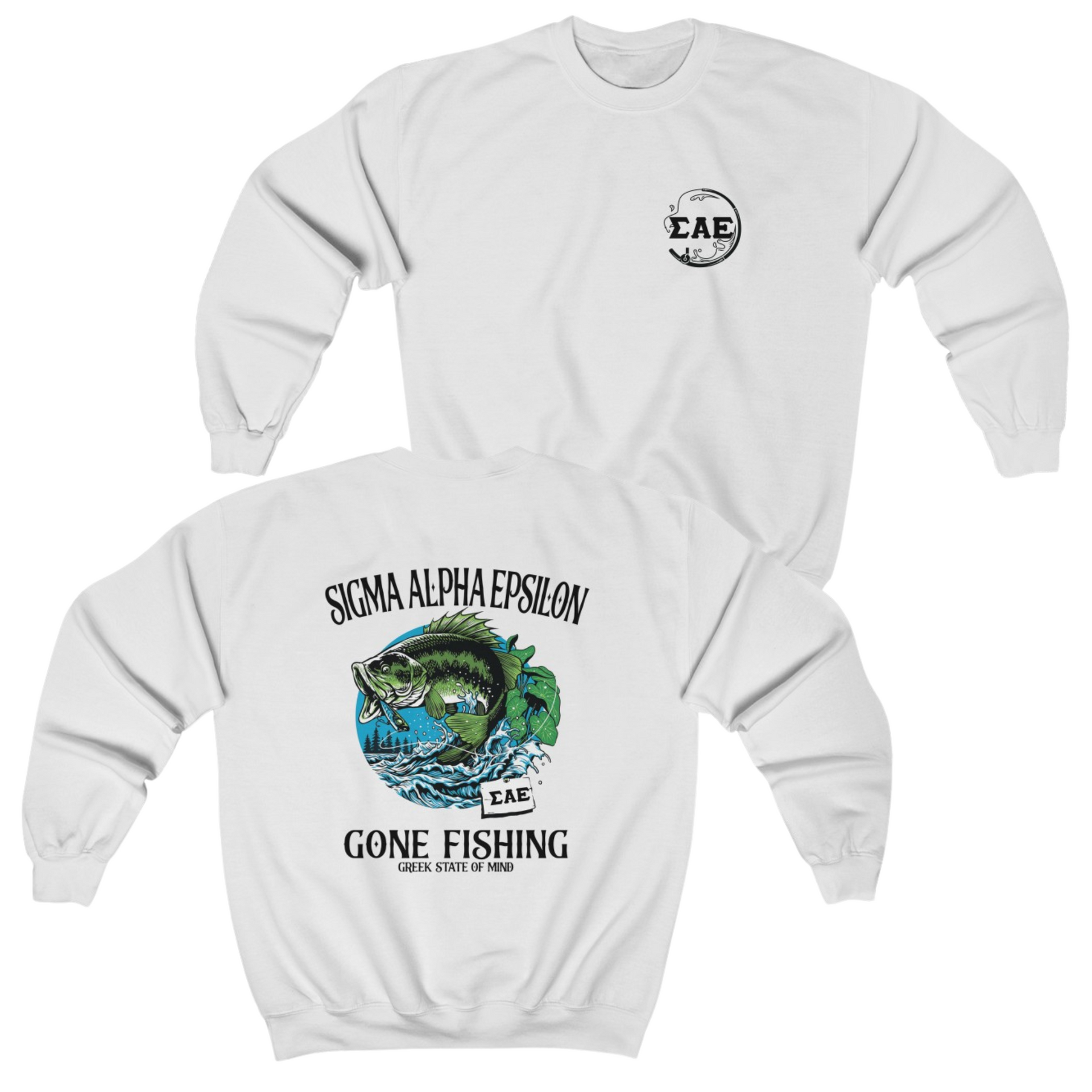 White Sigma Alpha Epsilon Graphic Crewneck Sweatshirt | Gone Fishing | Sigma Alpha Epsilon Clothing and Merchandise