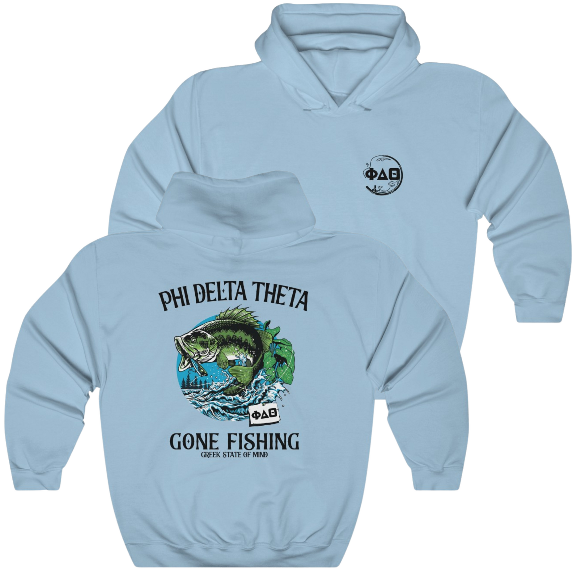 light blue Phi Delta Theta Graphic Hoodie | Gone Fishing | phi delta theta fraternity greek apparel