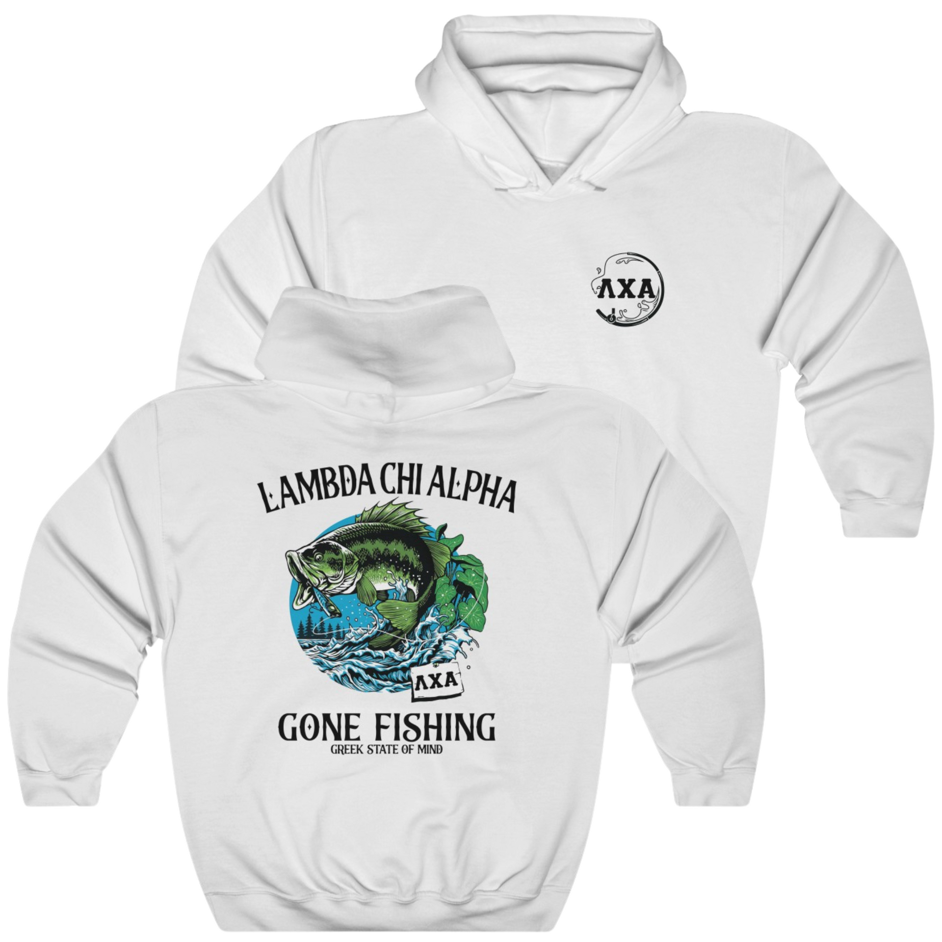White Lambda Chi Alpha Graphic Hoodie | Gone Fishing | Lambda Chi Alpha Fraternity Apparel 
