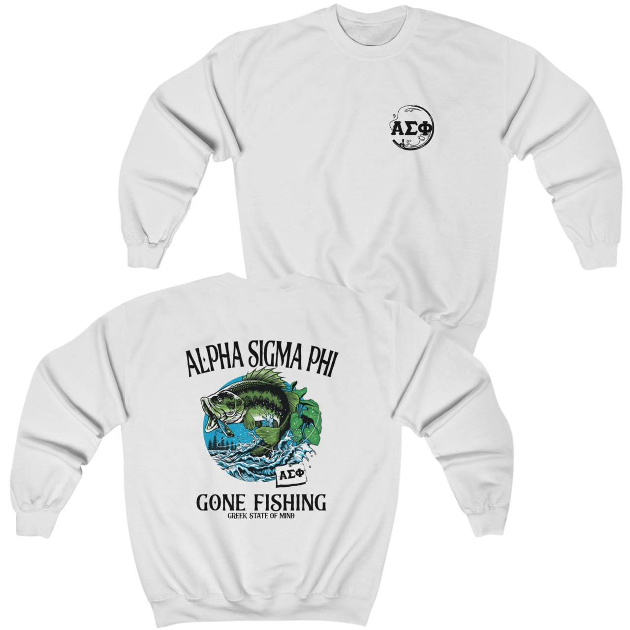 White Alpha Sigma Phi Graphic Crewneck Sweatshirt | Gone Fishing | Alpha Sigma Phi Fraternity Shirt 