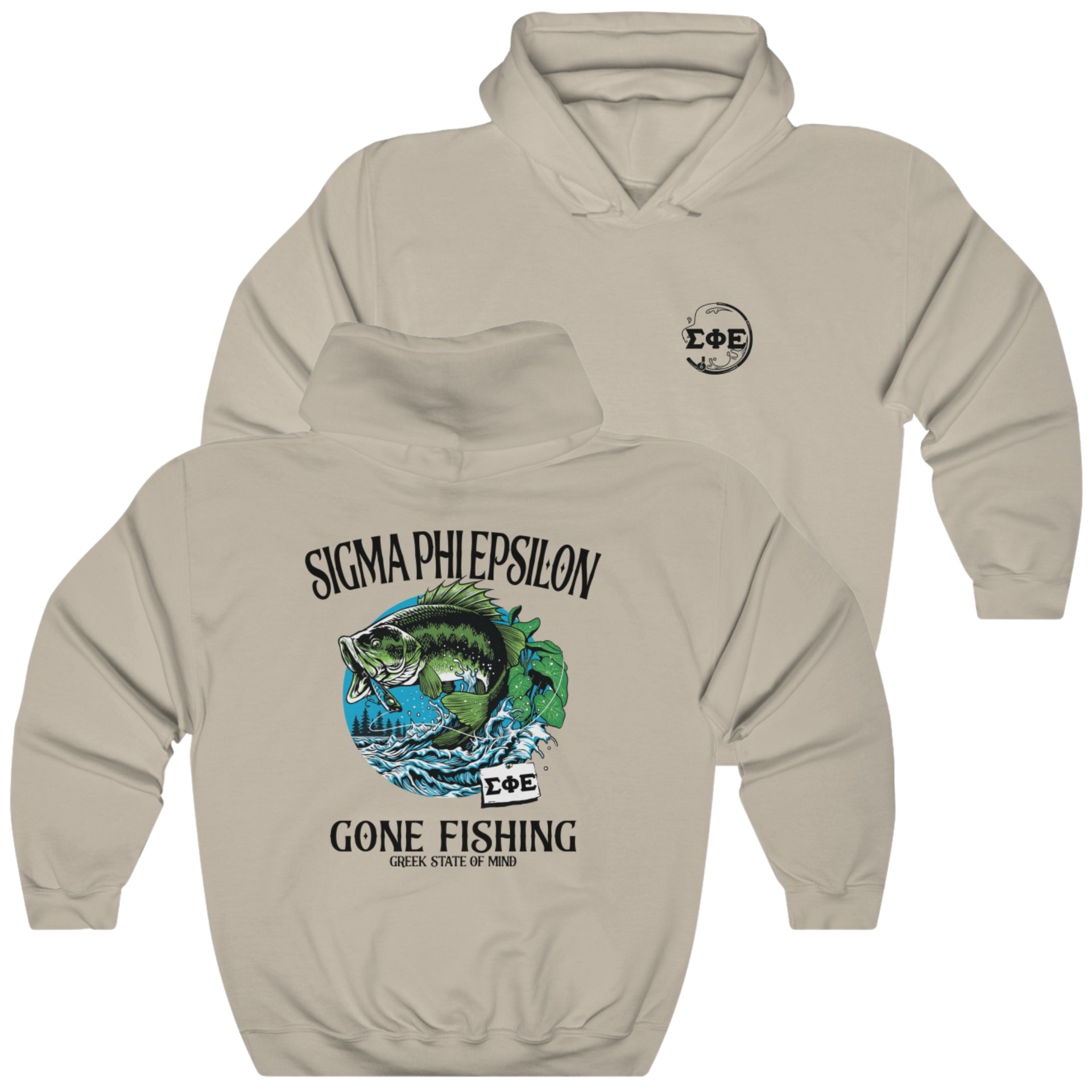 Sand Sigma Phi Epsilon Graphic Hoodie | Gone Fishing | SigEp Clothing - Campus Apparel