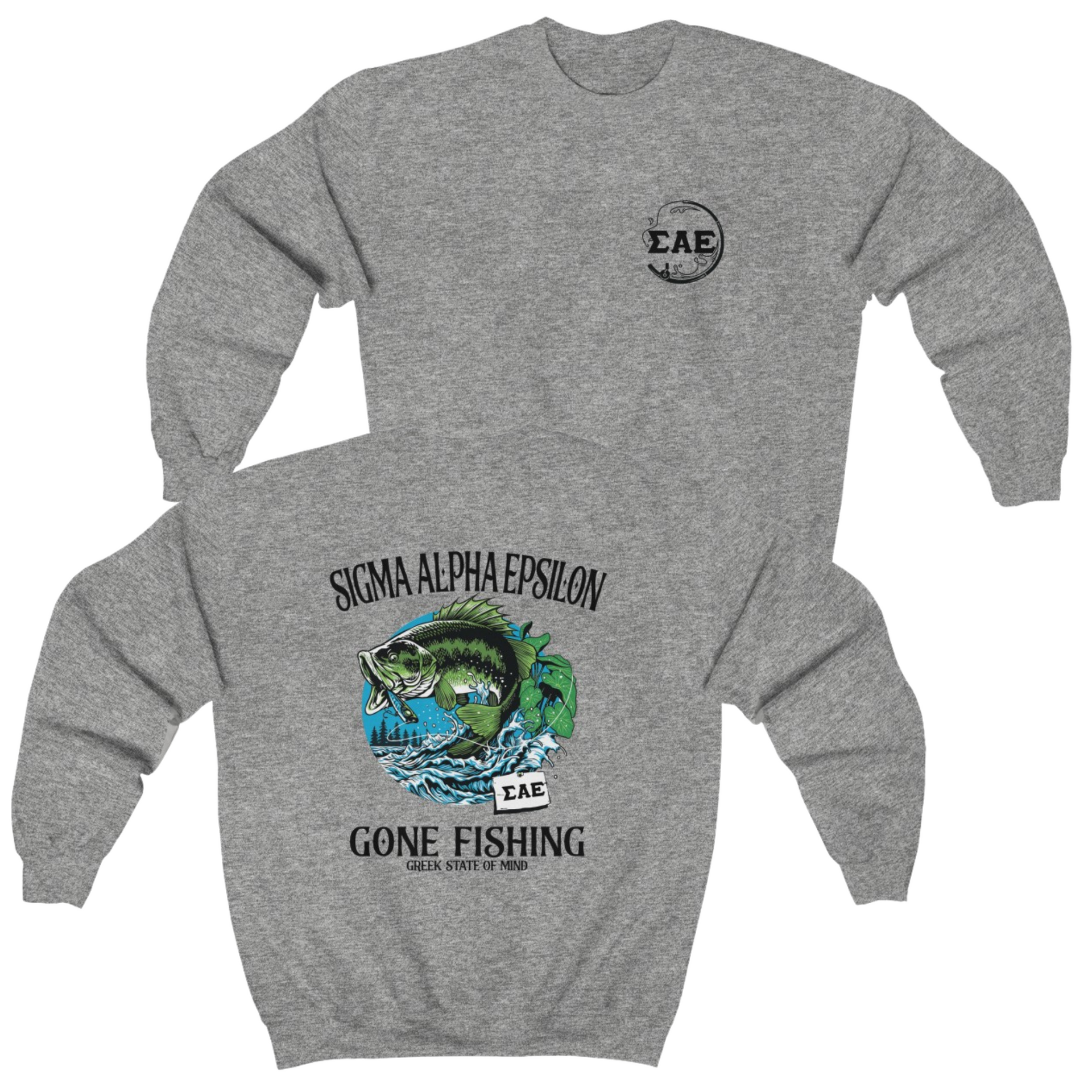 Grey Sigma Alpha Epsilon Graphic Crewneck Sweatshirt | Gone Fishing | Sigma Alpha Epsilon Clothing and Merchandise