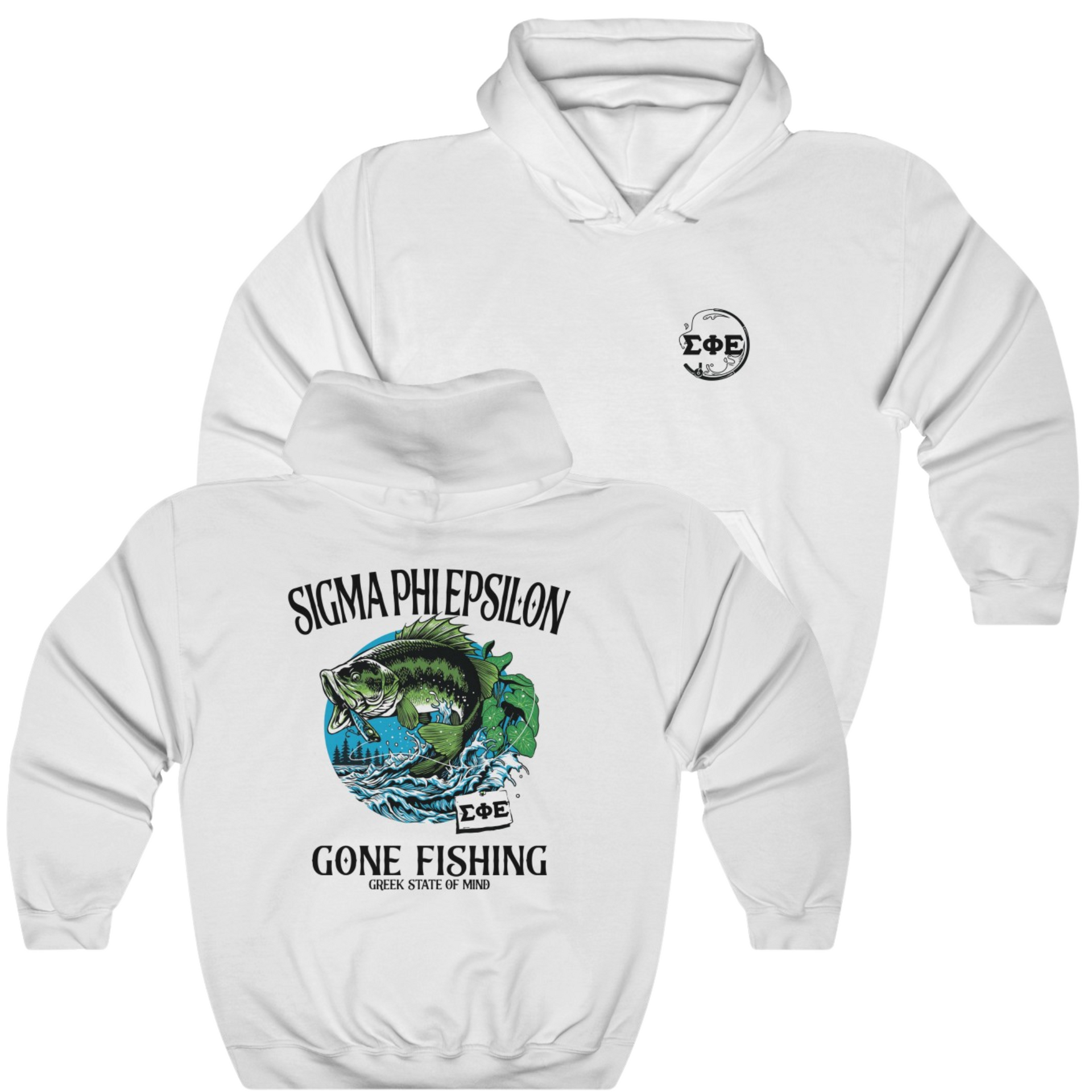 White Sigma Phi Epsilon Graphic Hoodie | Gone Fishing | SigEp Clothing - Campus Apparel