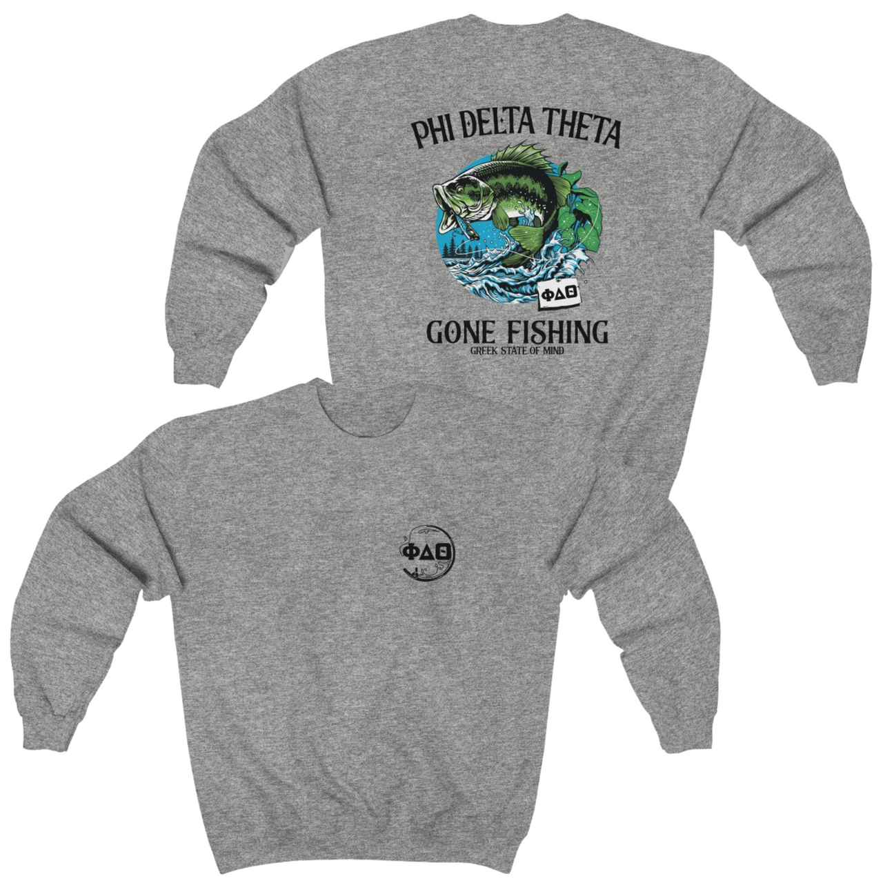 Grey Phi Delta Theta Graphic Crewneck Sweatshirt | Gone Fishing | phi delta theta fraternity greek apparel 