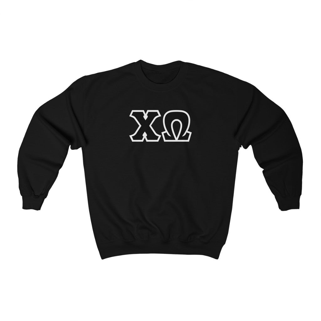 Chi Omega Print Letters | Black with White Border Crewneck