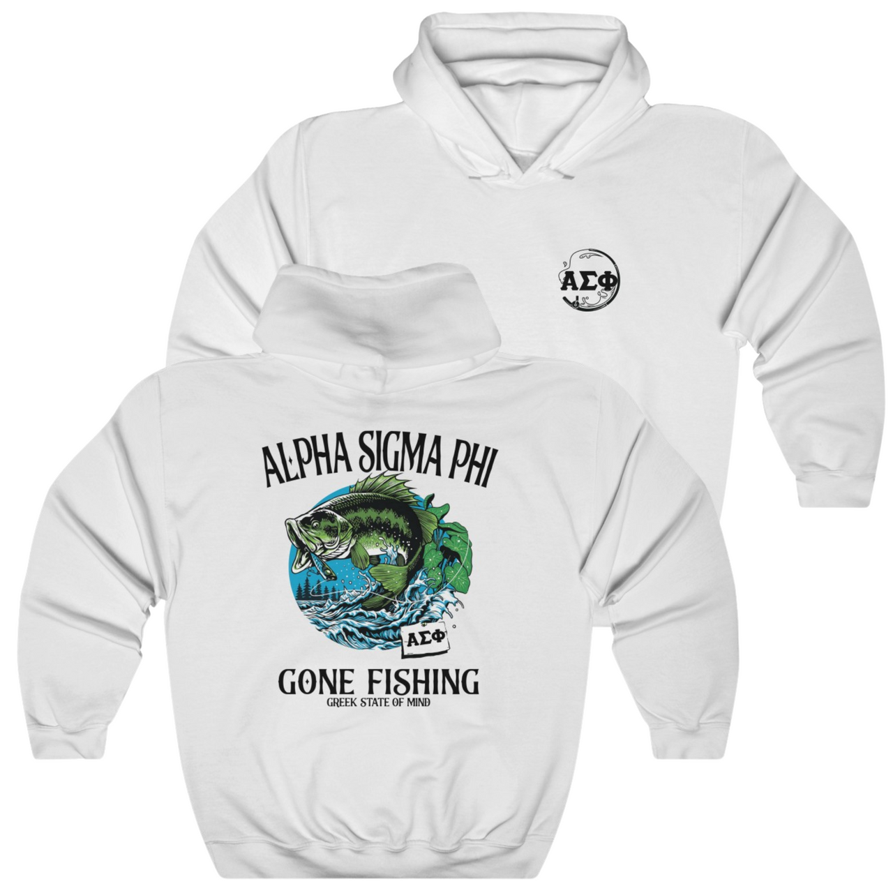 White Alpha Sigma Phi Graphic Hoodie | Gone Fishing | Alpha Sigma Phi Fraternity Shirt