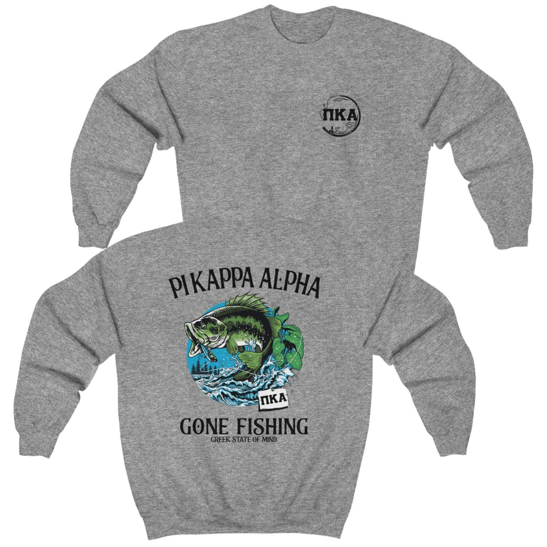 Grey Pi Kappa Alpha Graphic Crewneck Sweatshirt | Gone Fishing | Pi kappa alpha fraternity shirt 