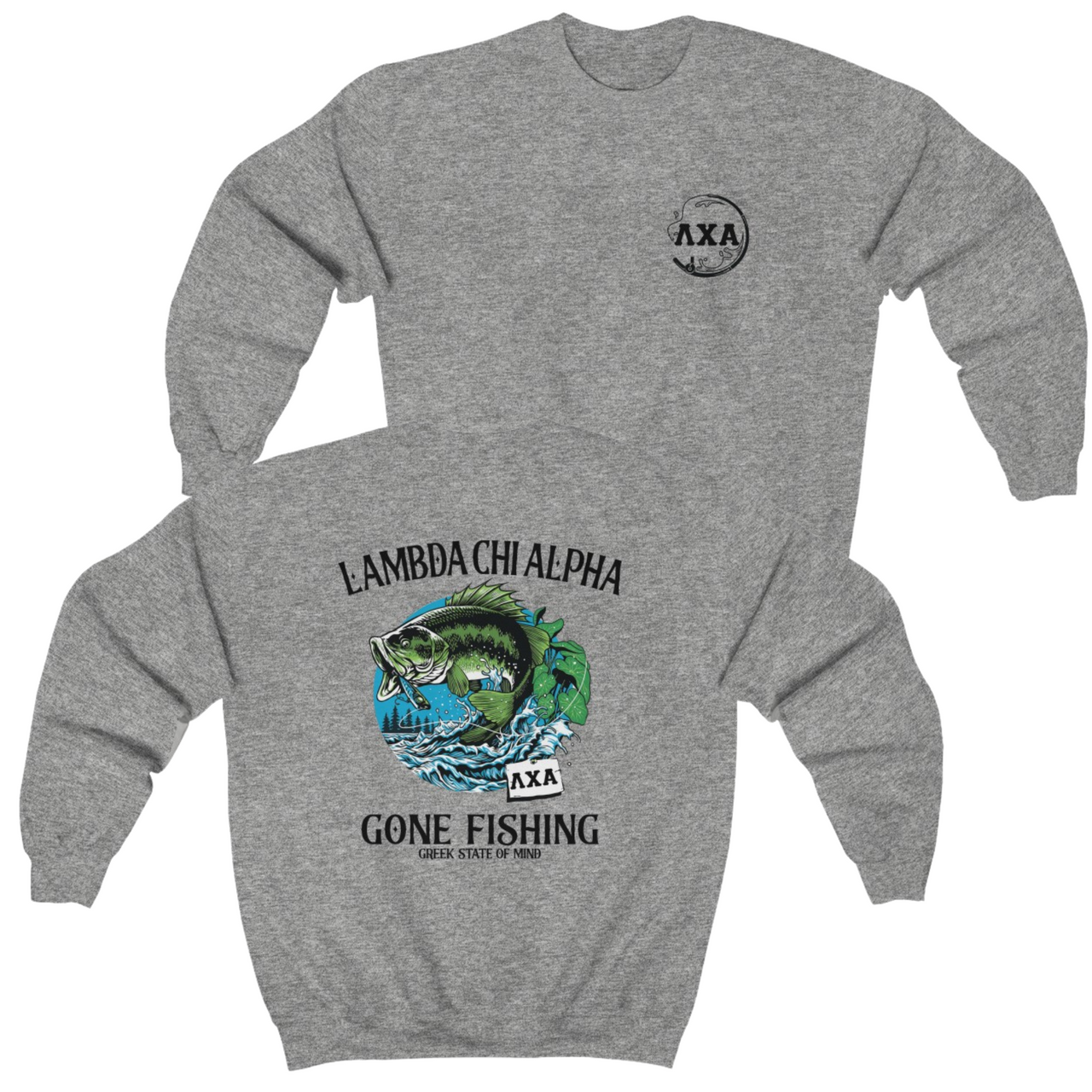 grey Lambda Chi Alpha Graphic Crewneck Sweatshirt | Gone Fishing | Lambda Chi Alpha Fraternity Apparel 