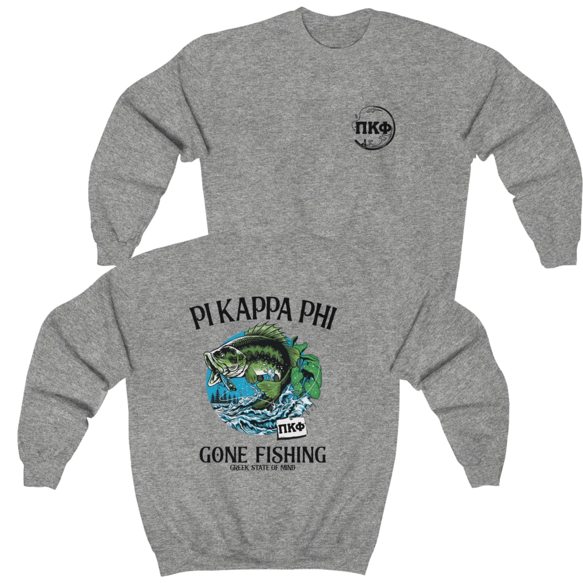 Grey Pi Kappa Phi Graphic Crewneck Sweatshirt | Gone Fishing | Pi Kappa Phi Apparel and Merchandise