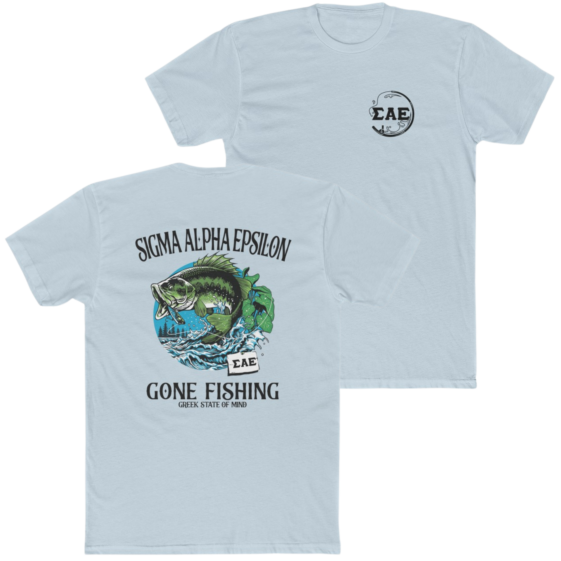 Light Blue Sigma Alpha Epsilon Graphic T-Shirt | Gone Fishing | Sigma Alpha Epsilon Clothing and Merchandise