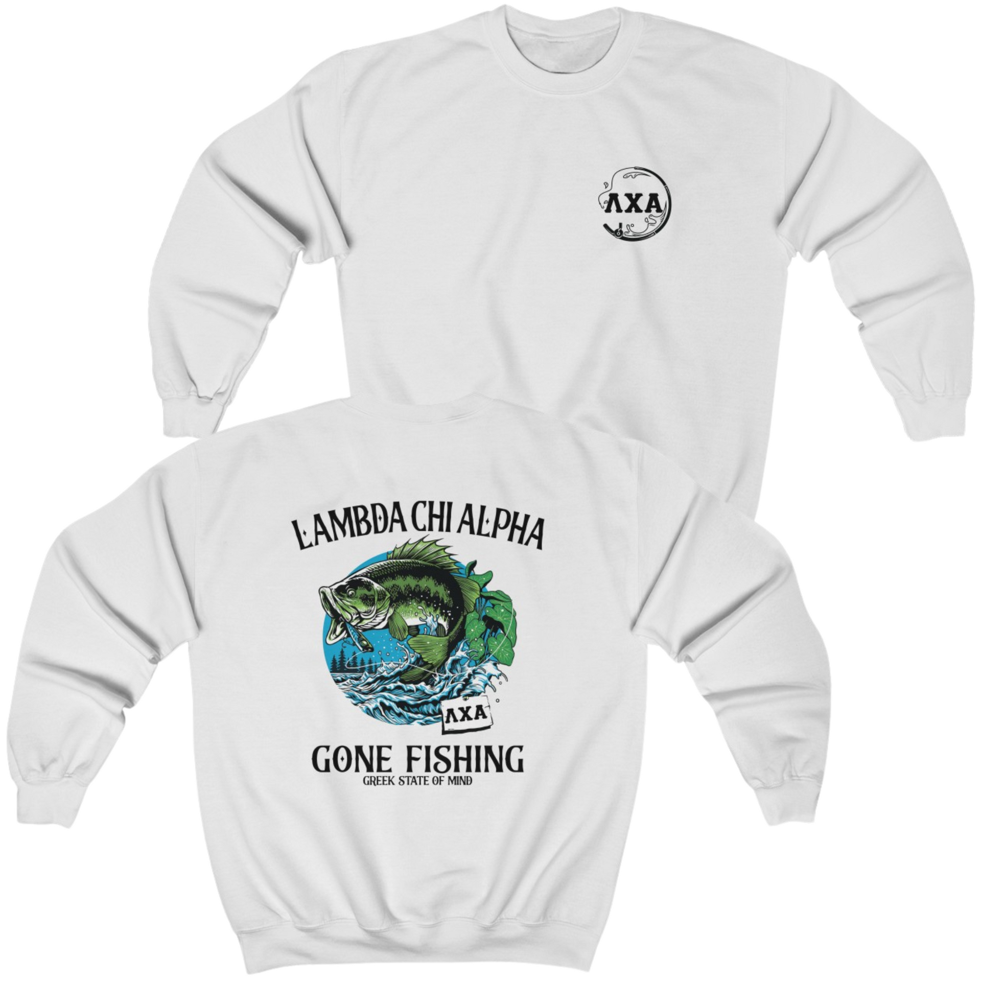 White Lambda Chi Alpha Graphic Crewneck Sweatshirt | Gone Fishing | Lambda Chi Alpha Fraternity Apparel 