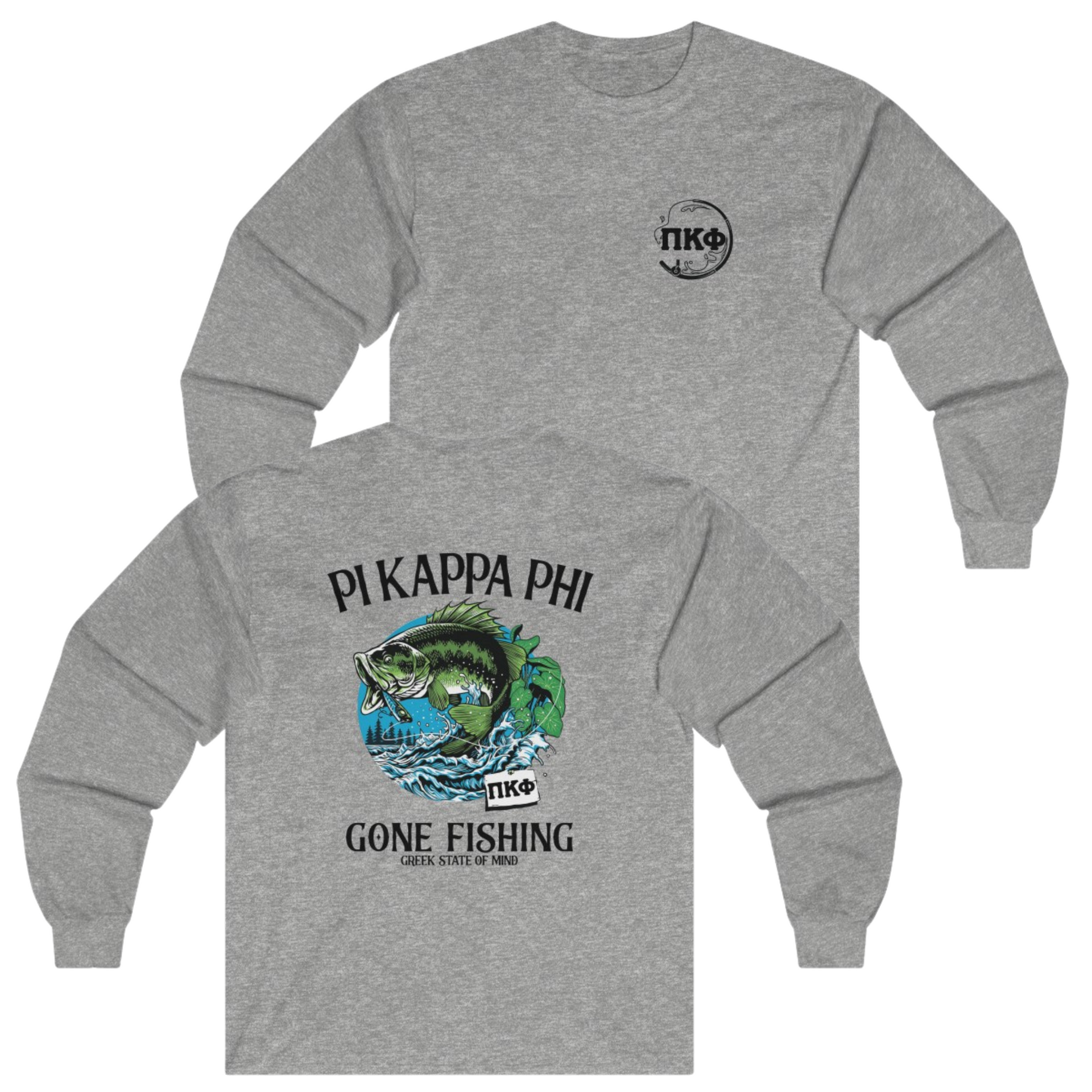 Grey Pi Kappa Phi Graphic Long Sleeve T-Shirt | Gone Fishing | Pi Kappa Phi Apparel and Merchandise
