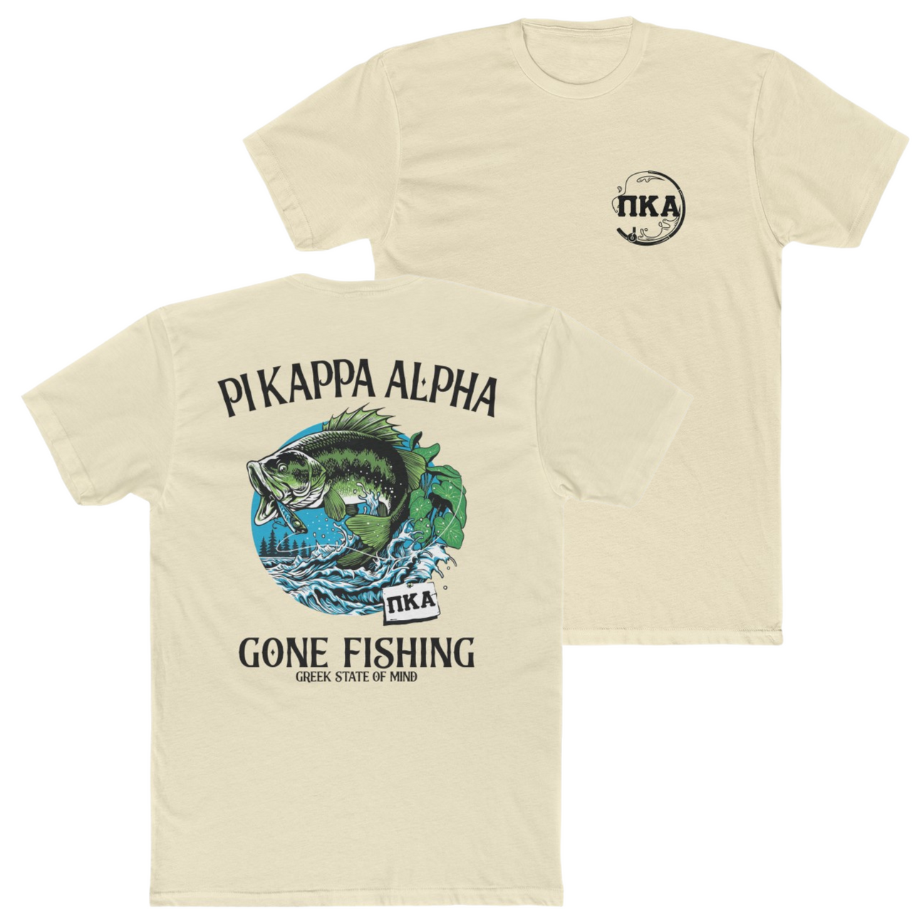 Natural Pi Kappa Alpha Graphic T-Shirt | Gone Fishing | Pi kappa alpha fraternity shirt 