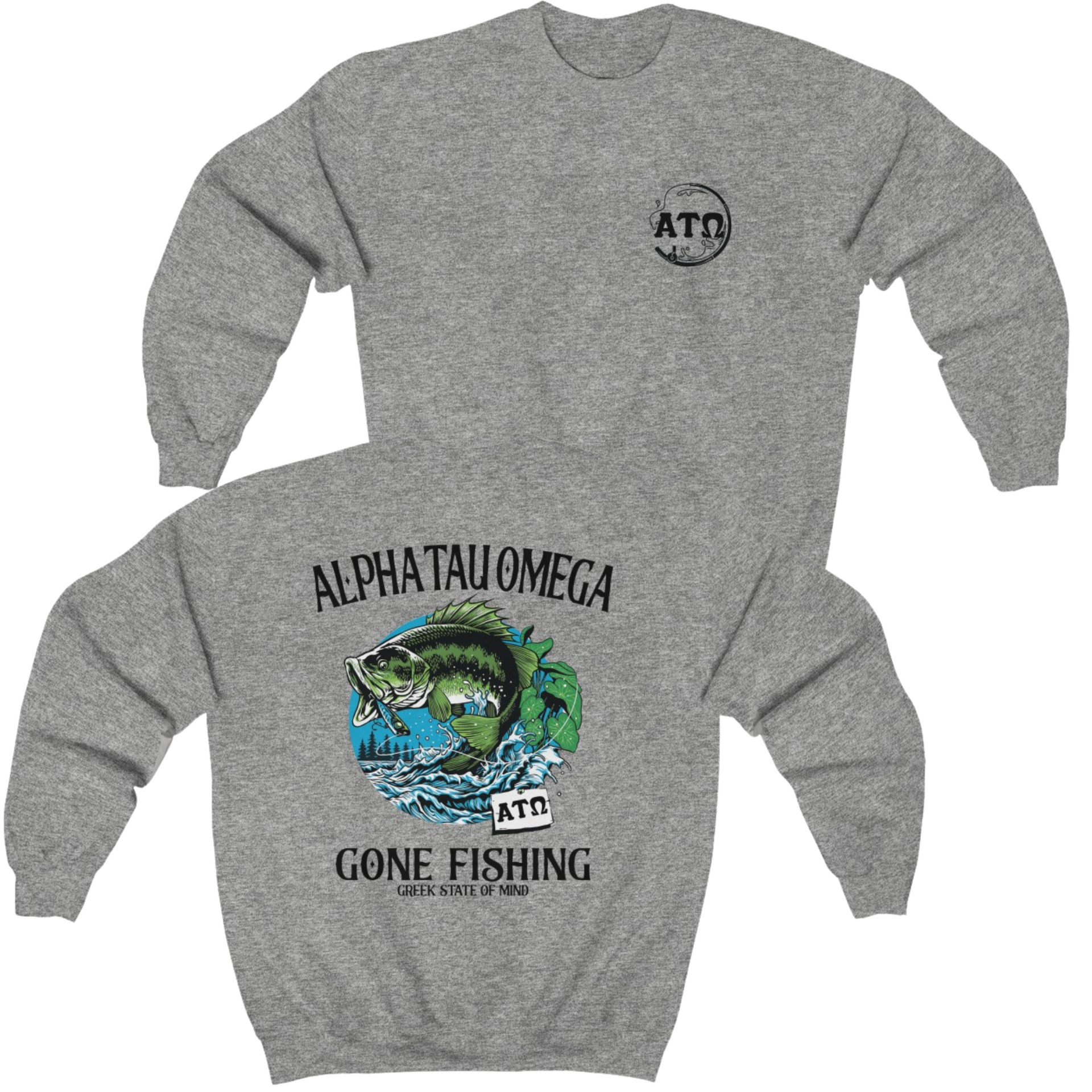 Grey Alpha Tau Omega Graphic Crewneck Sweatshirt | Gone Fishing | Alpha Tau Omega Fraternity Merch 