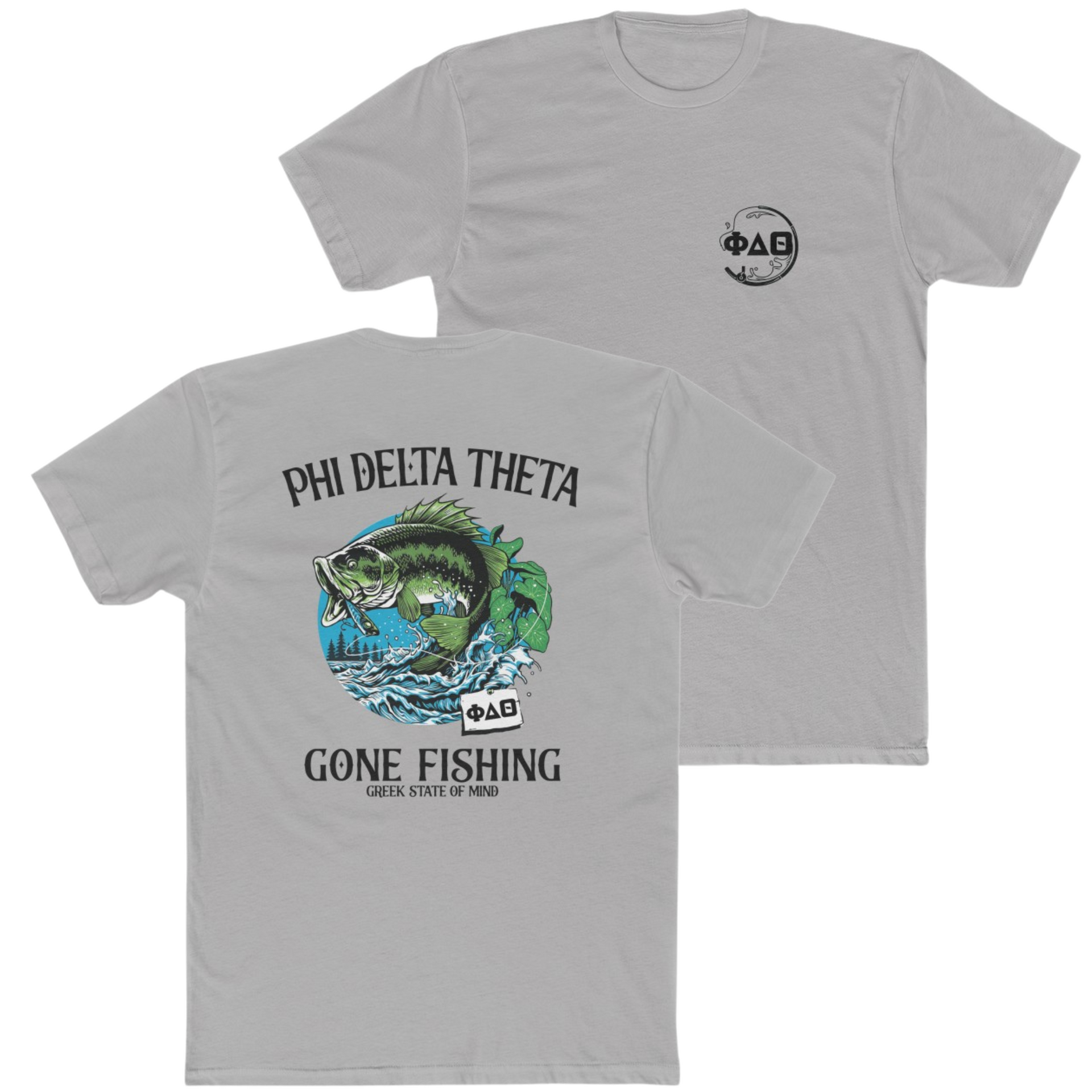 grey Phi Delta Theta Graphic T-Shirt | Gone Fishing | phi delta theta fraternity greek apparel 
