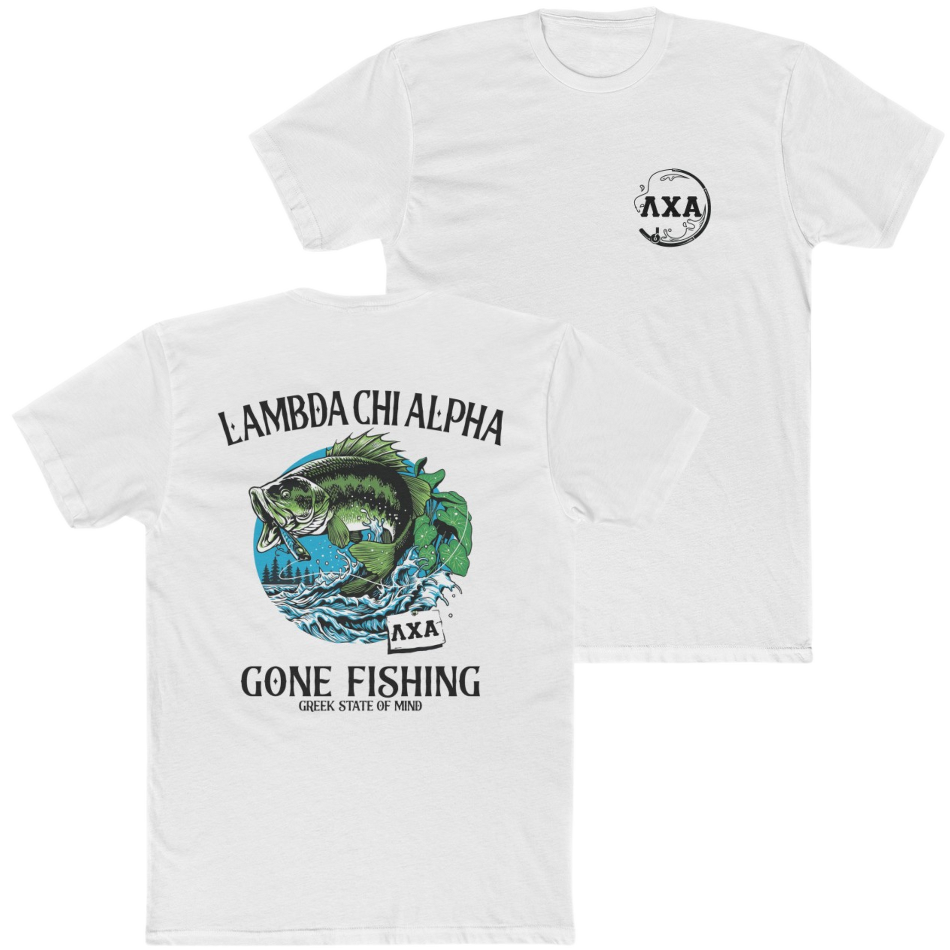 White Lambda Chi Alpha Graphic T-Shirt | Gone Fishing | Lambda Chi Alpha Fraternity Apparel 