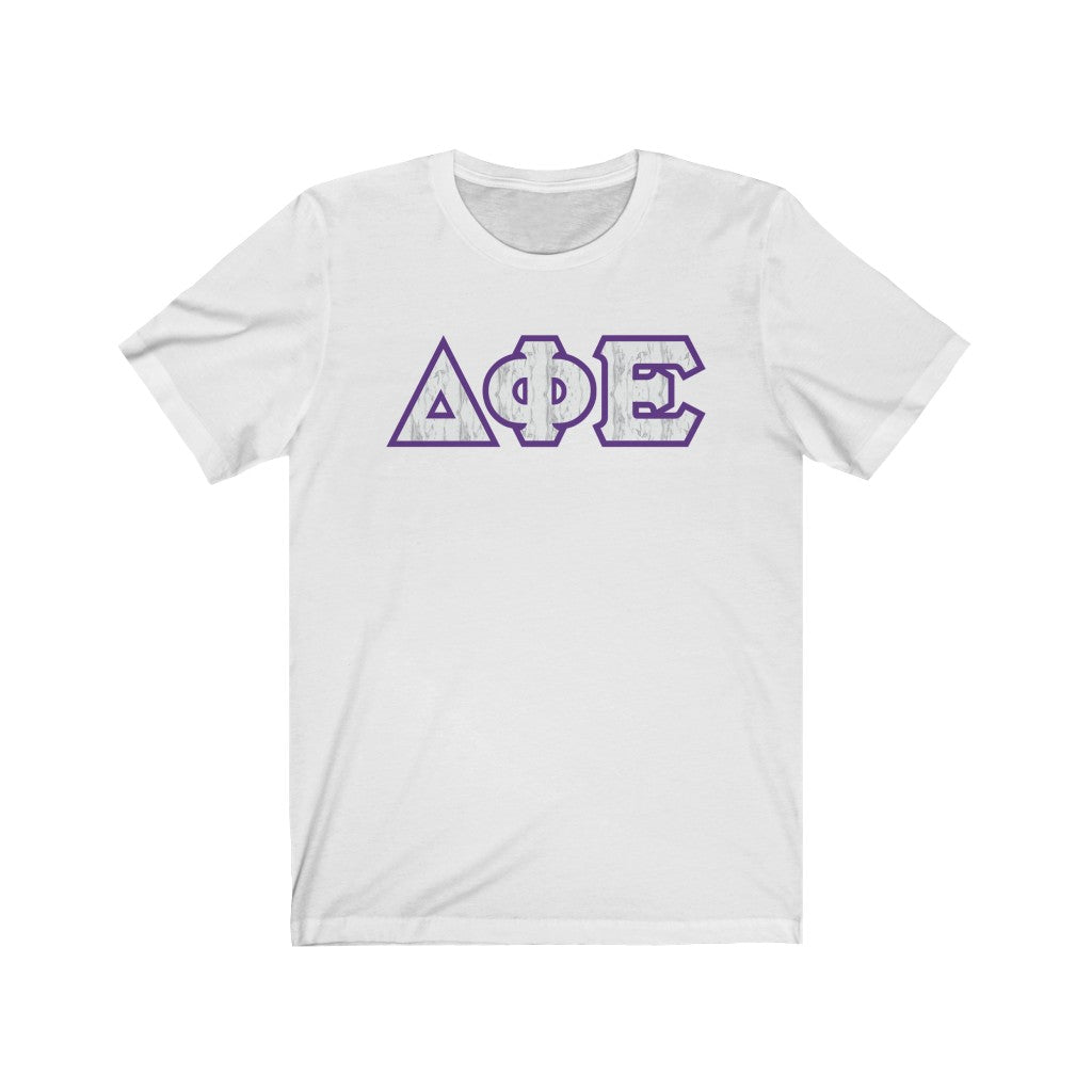 Delta Phi Epsilon Printed Letters | Marble with Purple Border T-Shirt