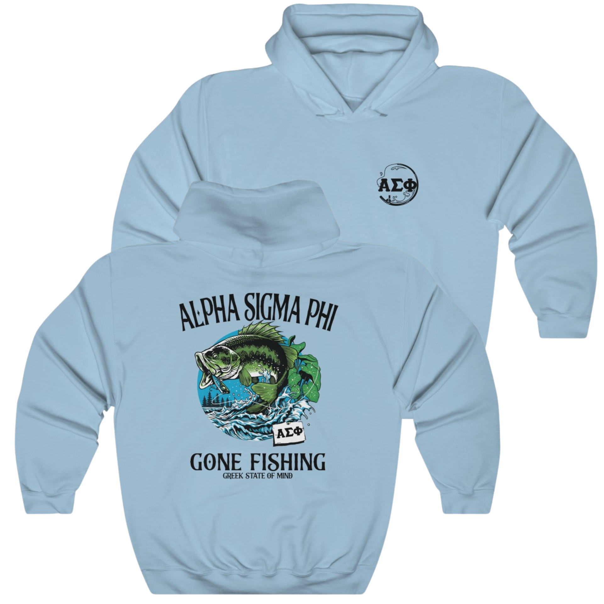 Light Blue Alpha Sigma Phi Graphic Hoodie | Gone Fishing | Alpha Sigma Phi Fraternity Shirt 