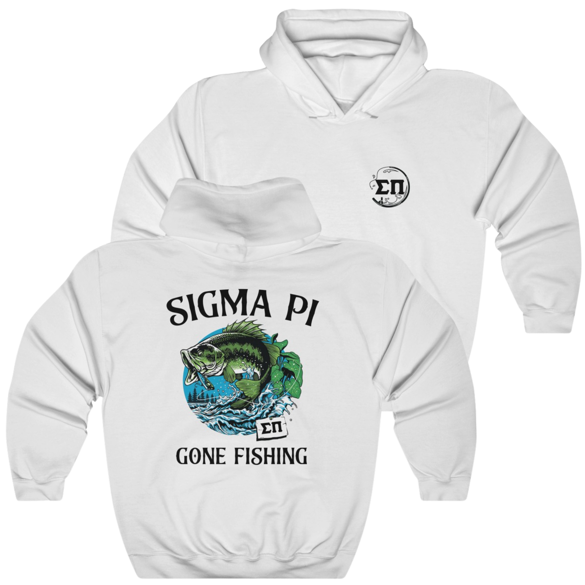 White Sigma Pi Graphic Hoodie | Gone Fishing | Sigma Pi Apparel and Merchandise