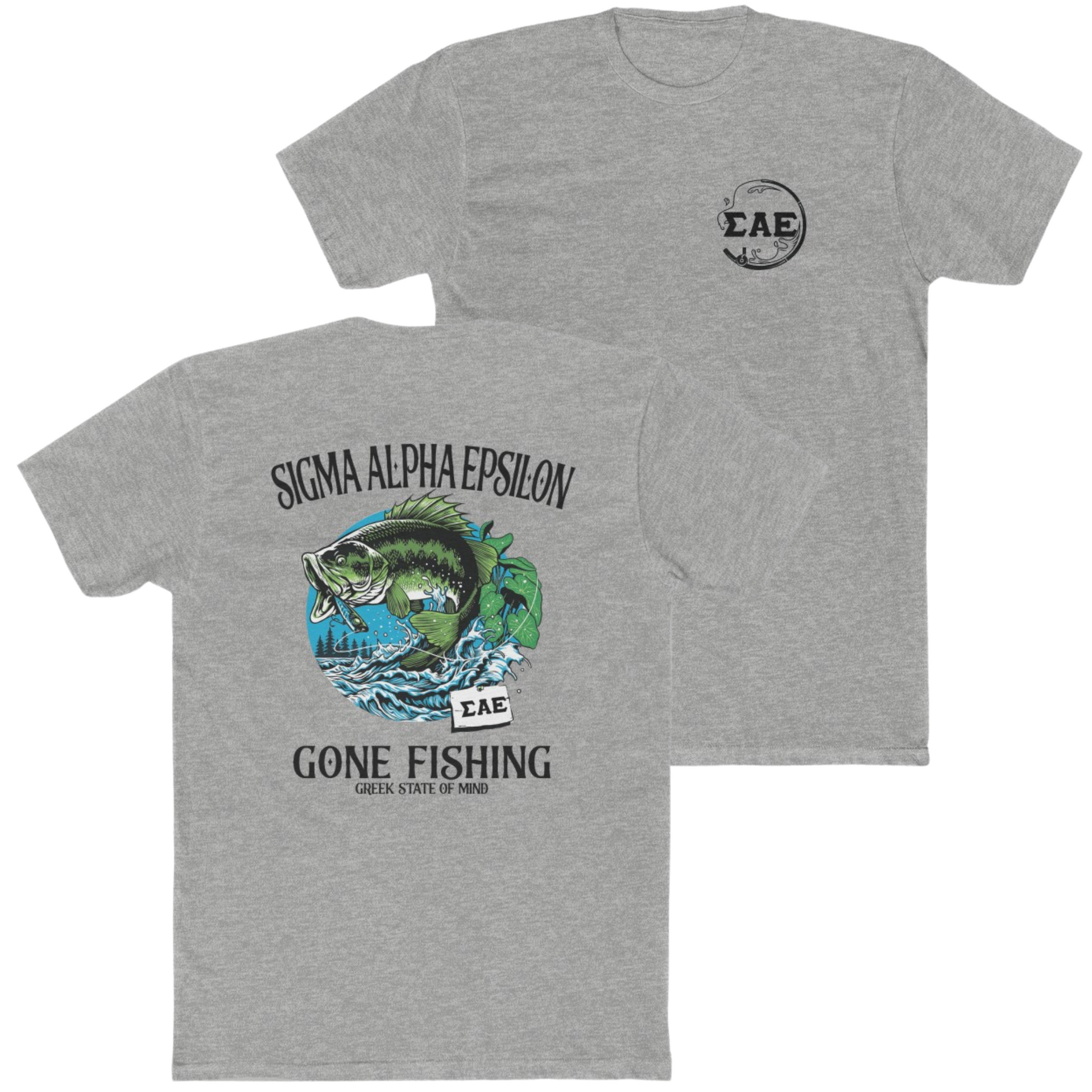 Grey Sigma Alpha Epsilon Graphic T-Shirt | Gone Fishing | Sigma Alpha Epsilon Clothing and Merchandise