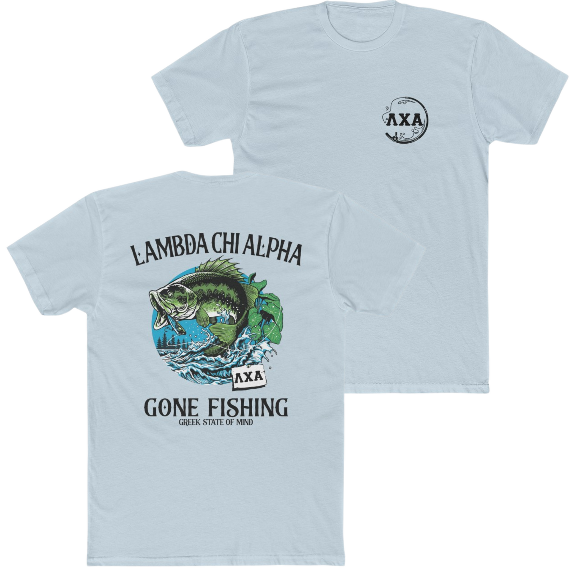 Light Blue Lambda Chi Alpha Graphic T-Shirt | Gone Fishing | Lambda Chi Alpha Fraternity Apparel 