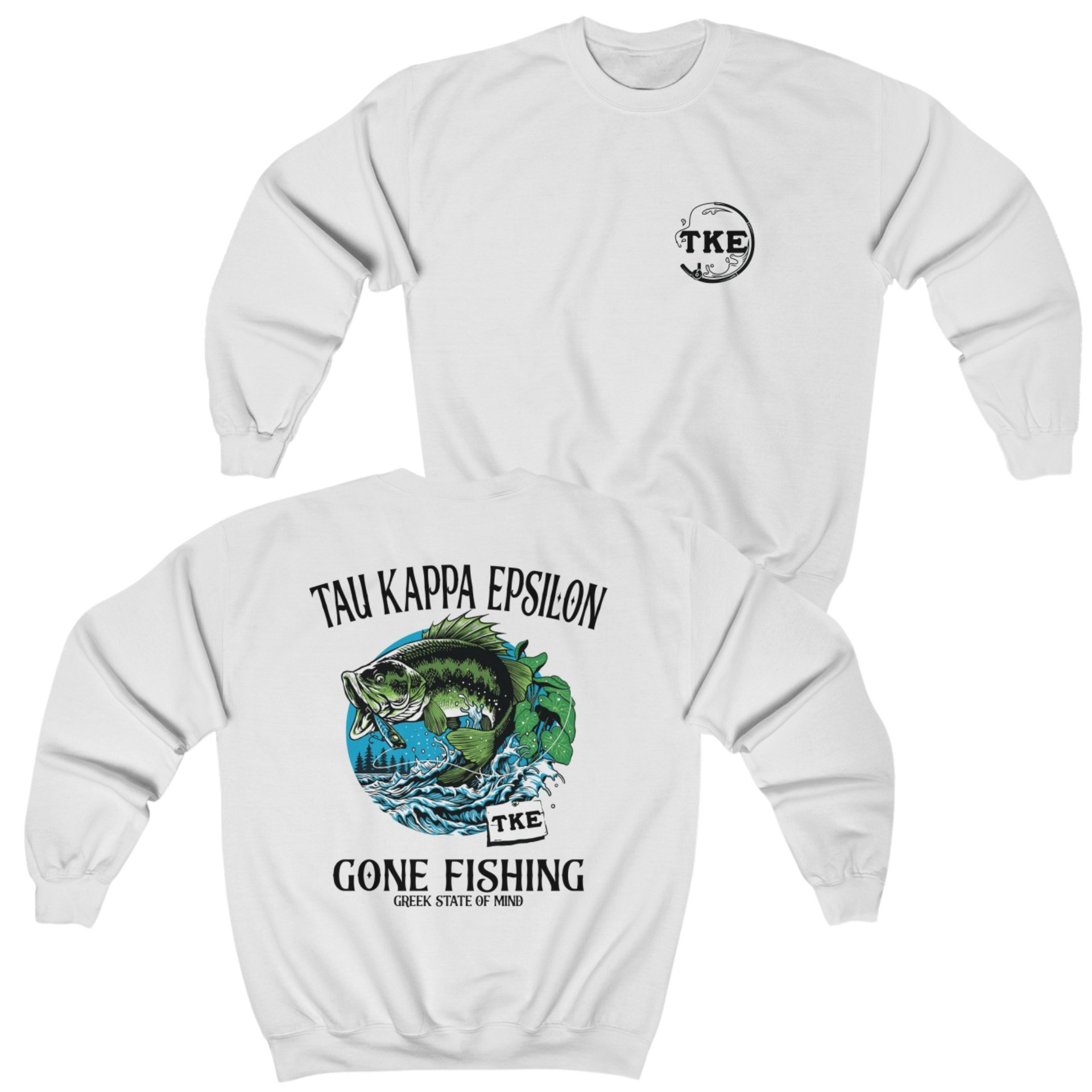 White Tau Kappa Epsilon Graphic Crewneck Sweatshirt | Gone Fishing | TKE Clothing and Merchandise 
