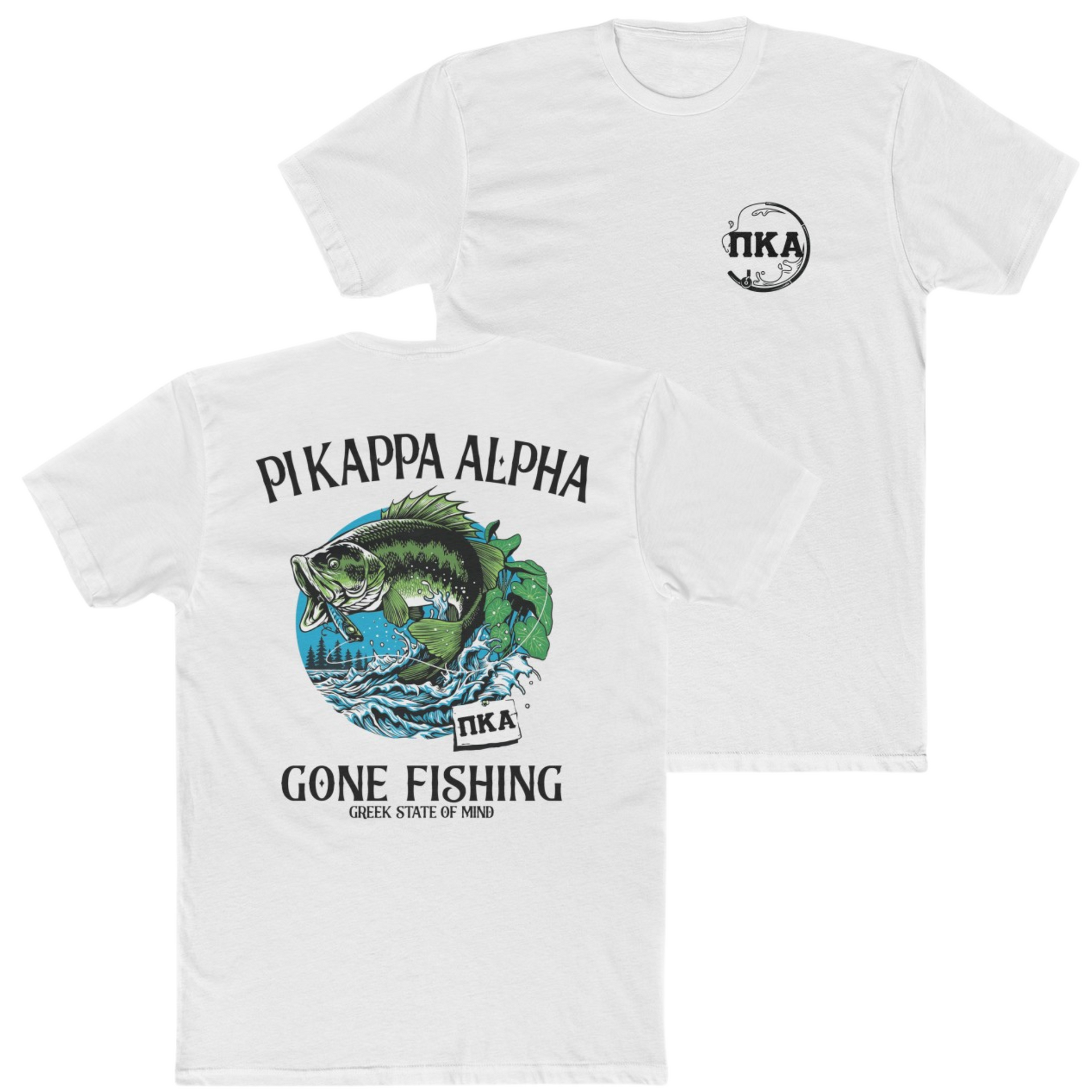 White Pi Kappa Alpha Graphic T-Shirt | Gone Fishing | Pi kappa alpha fraternity shirt 