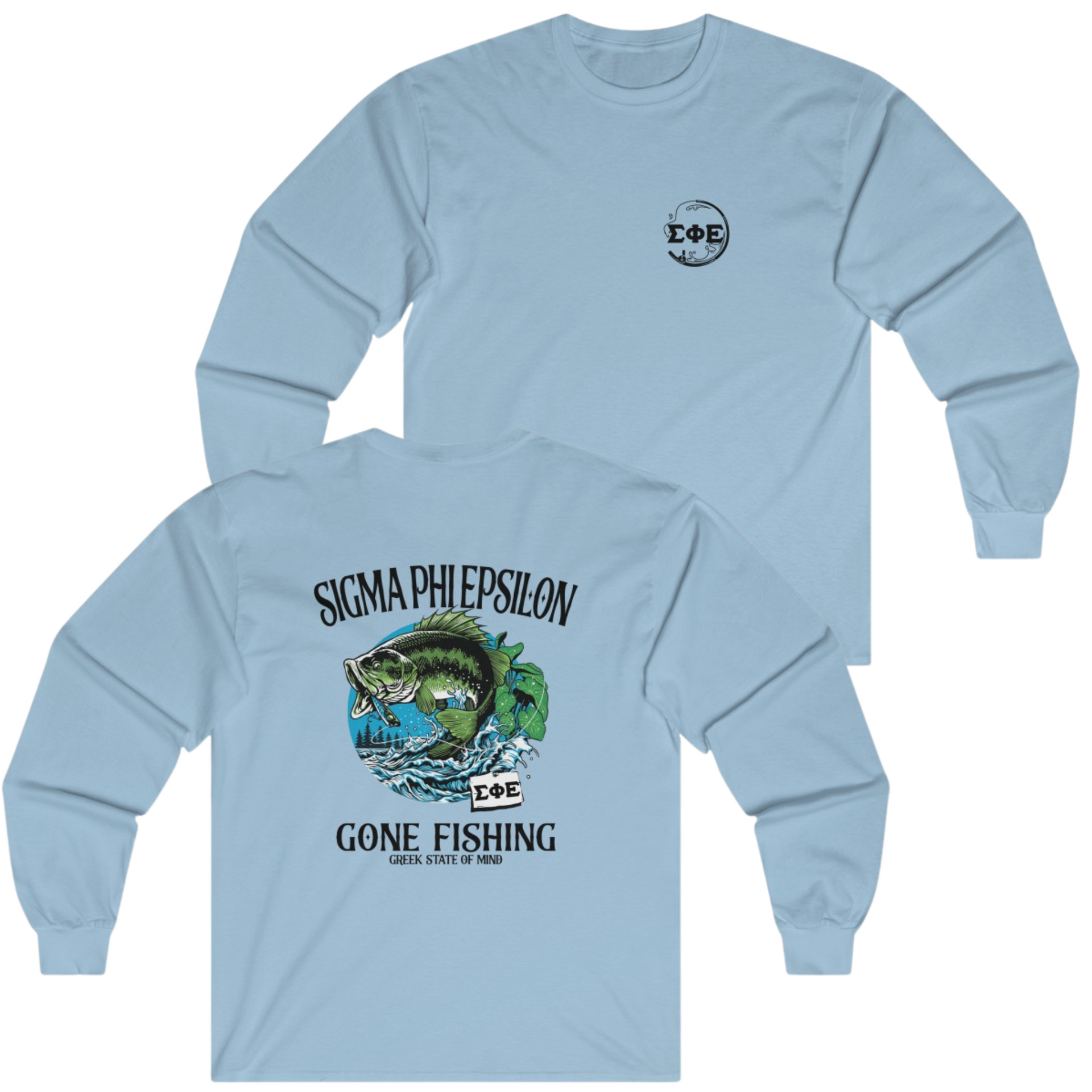 Light Blue Sigma Phi Epsilon Graphic Long Sleeve T-Shirt | Gone Fishing | SigEp Clothing - Campus Apparel