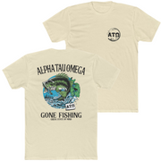 Sand Alpha Tau Omega Graphic T-Shirt | Gone Fishing | Alpha Tau Omega Fraternity Merch   