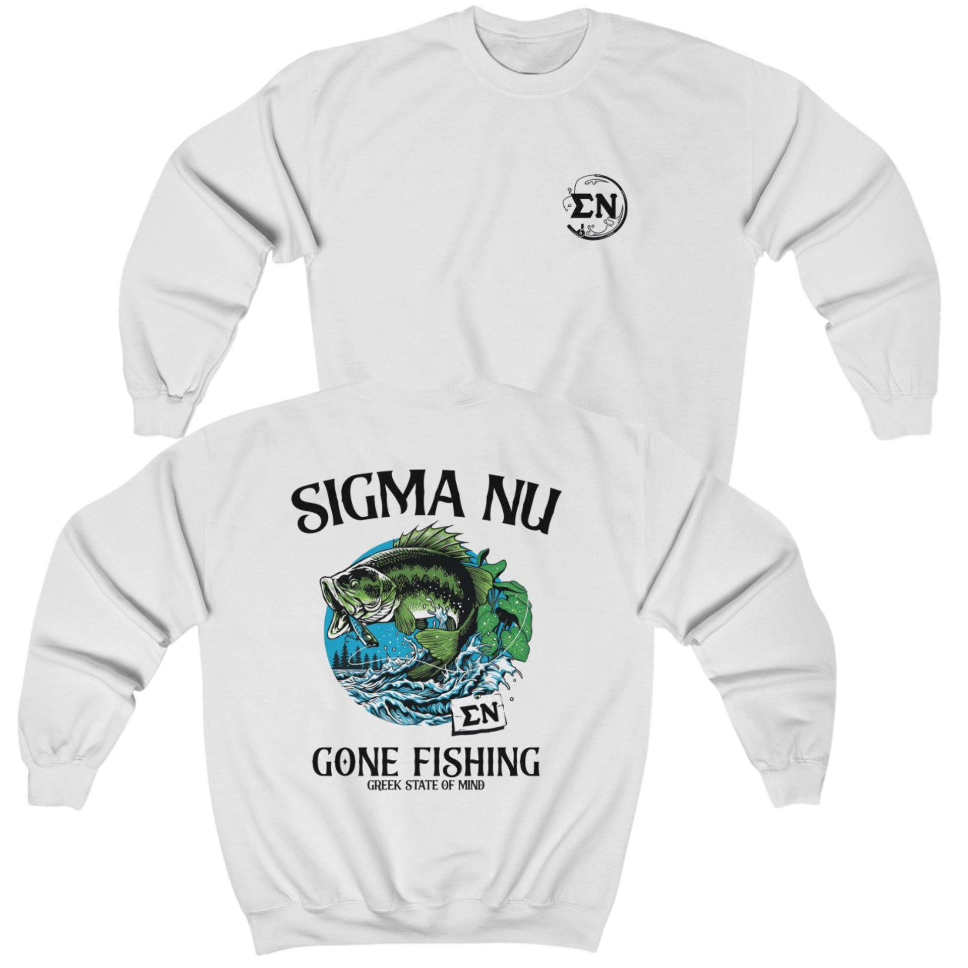 White Sigma Nu Graphic Crewneck Sweatshirt | Gone Fishing | Sigma Nu Clothing, Apparel and Merchandise