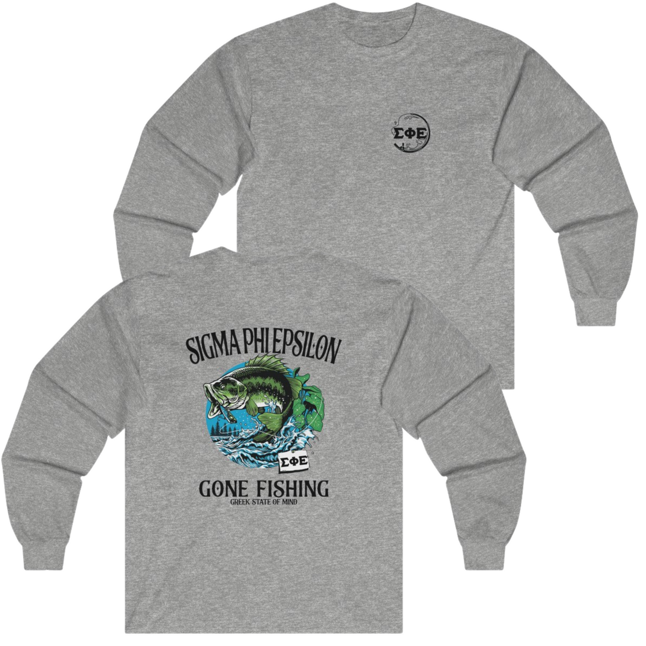 Grey Sigma Phi Epsilon Graphic Long Sleeve T-Shirt | Gone Fishing | SigEp Clothing - Campus Apparel