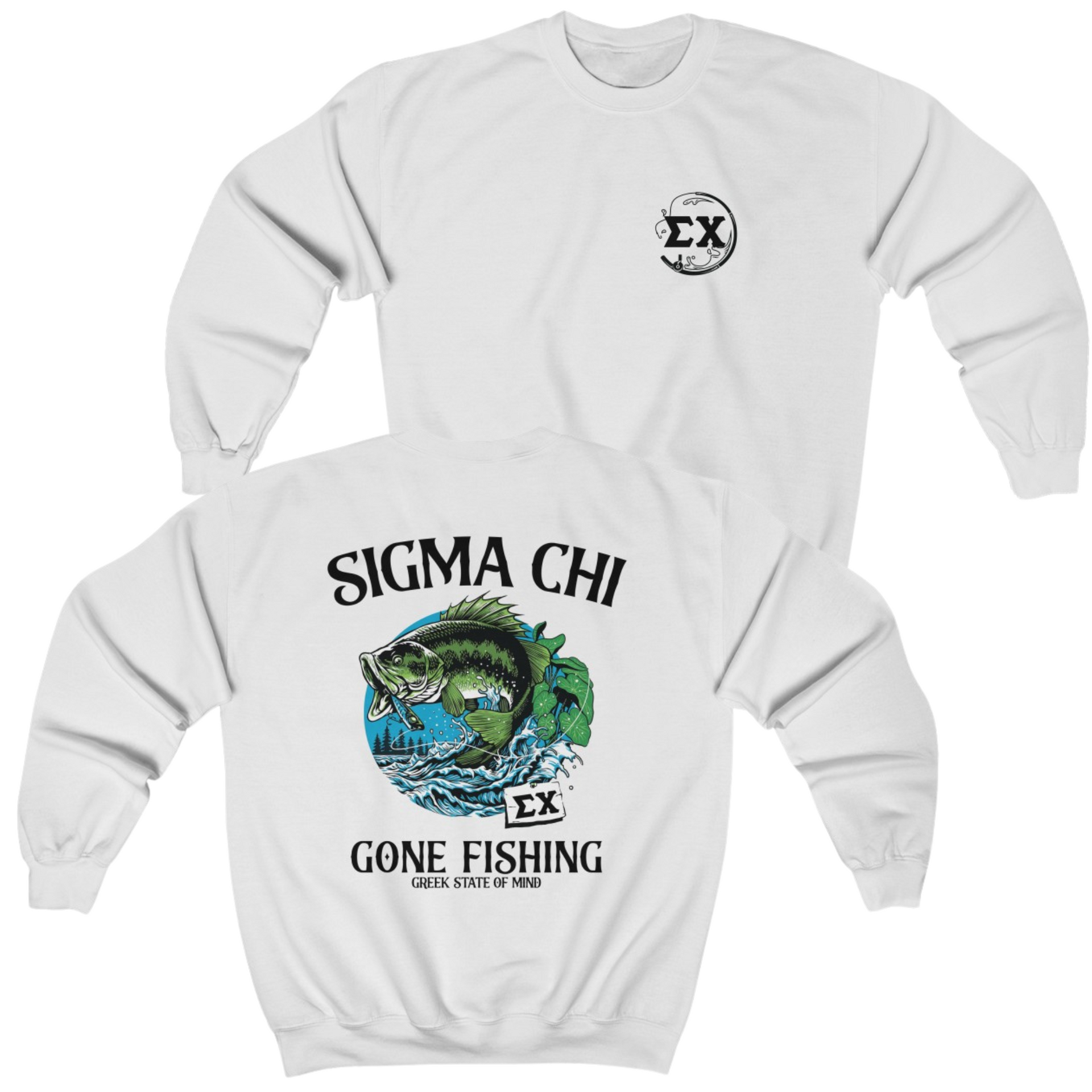 White Sigma Chi Graphic Crewneck Sweatshirt | Gone Fishing | Sigma Chi Fraternity Apparel