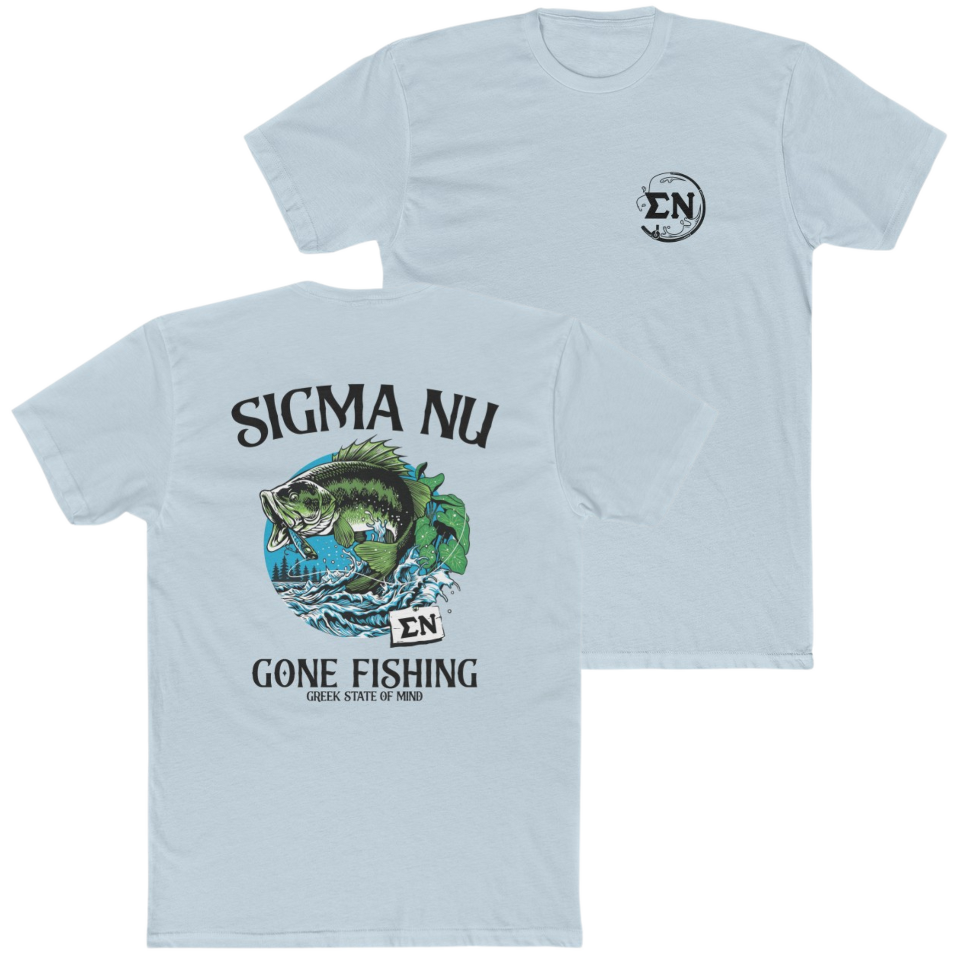 Light Blue Sigma Nu Graphic T-Shirt | Gone Fishing | Sigma Nu Clothing, Apparel and Merchandise 