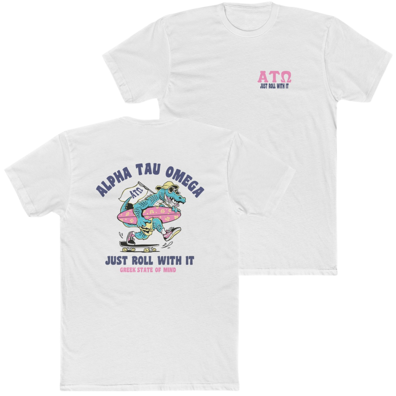 White Alpha Tau Omega Graphic T-Shirt | Alligator Skater | Alpha Sigma Phi Fraternity Merch