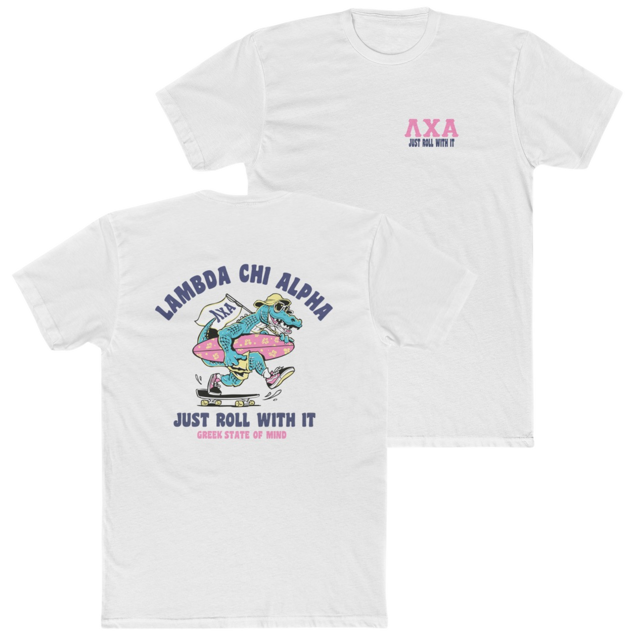 white Lambda Chi Alpha Graphic T-Shirt | Alligator Skater | Alpha Tau Omega Fraternity Apparel 