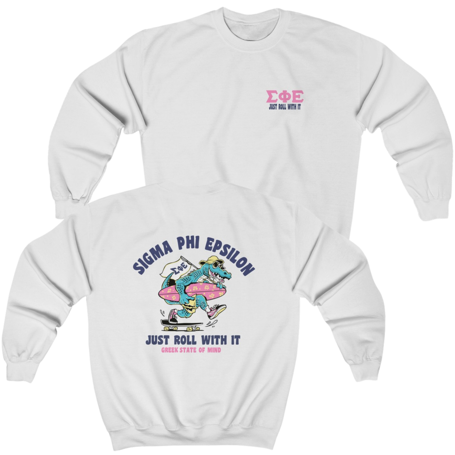 White Sigma Phi Epsilon Graphic Crewneck Sweatshirt | Alligator Skater | SigEp Clothing - Campus Apparel