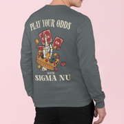 Grey Sigma Nu Graphic Long Sleeve | Play Your Odds | Sigma Nu Clothing, Apparel and Merchandise model 
