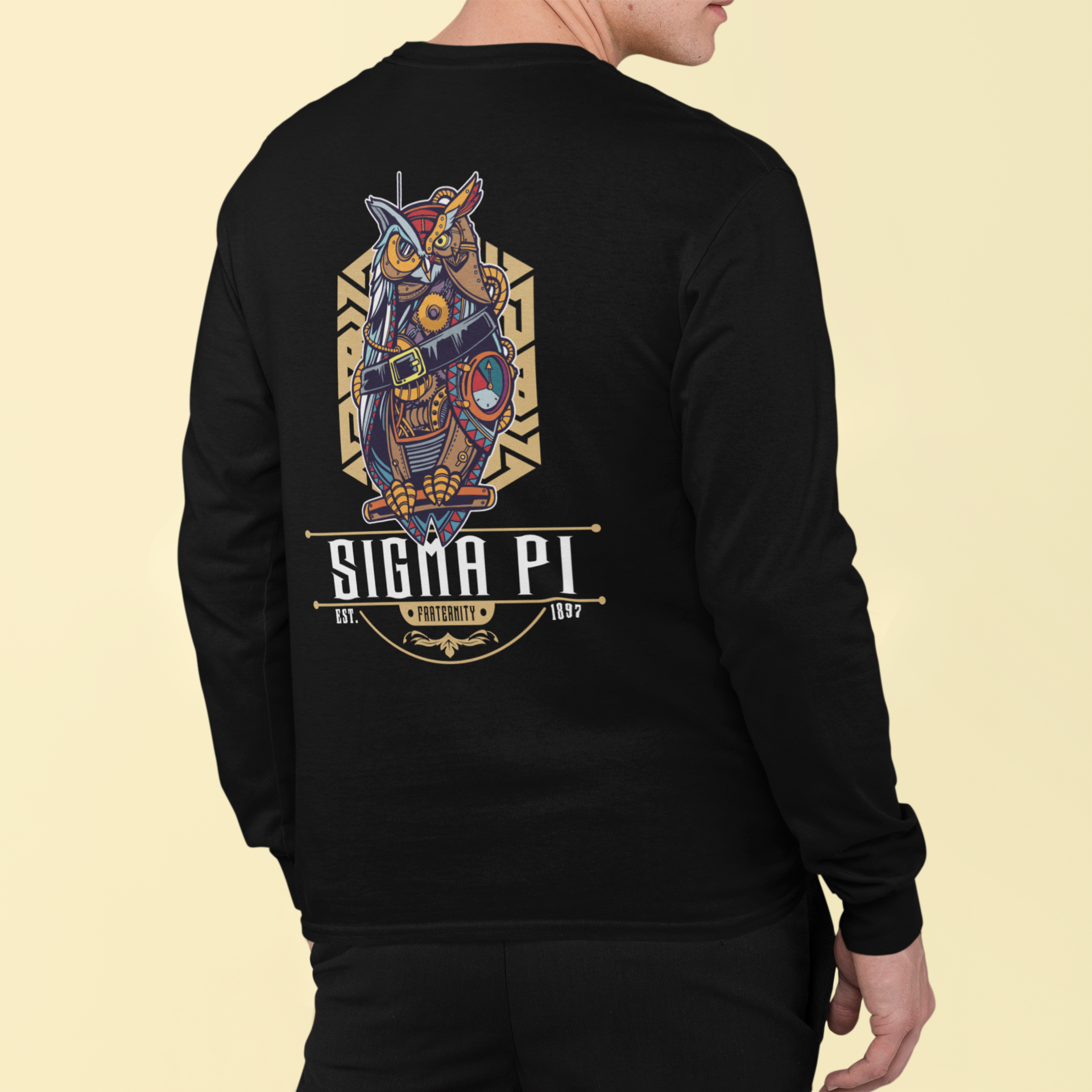 Black Sigma Pi Graphic Long Sleeve | Steampunk Owl | Sigma Pi Apparel and Merchandise model