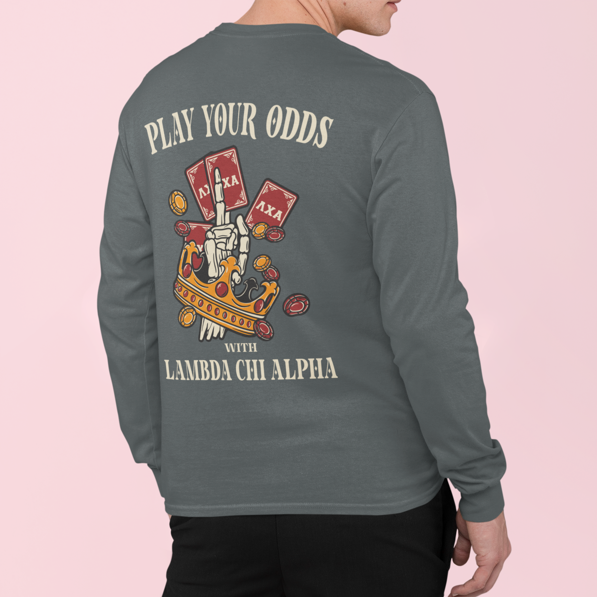 Grey Lambda Chi Alpha Graphic Long Sleeve | Play Your Odds | Lambda Chi Alpha Fraternity Apparel model 