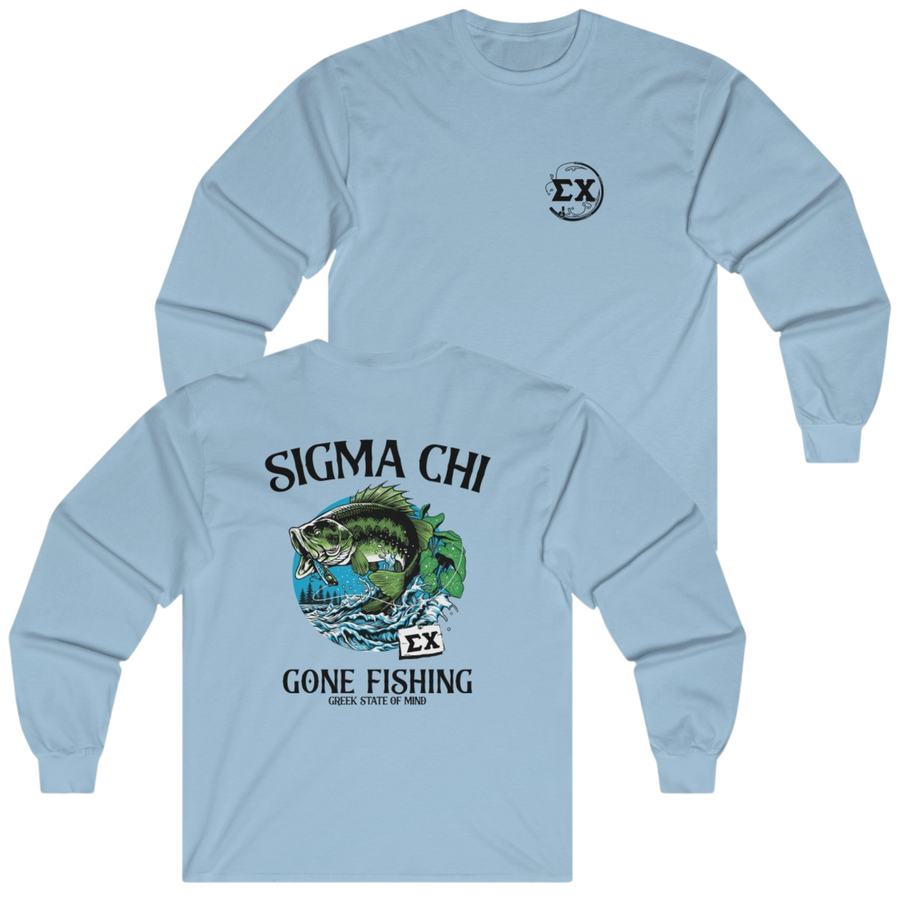 Light Blue Sigma Chi Graphic Long Sleeve T-Shirt | Gone Fishing | Sigma Chi Fraternity Apparel