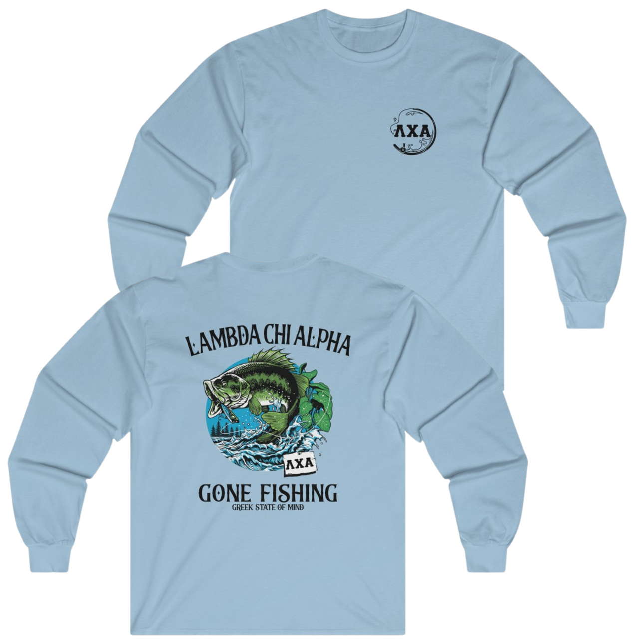 Light Blue Lambda Chi Alpha Graphic Long Sleeve T-Shirt | Gone Fishing | Lambda Chi Alpha Fraternity Apparel 