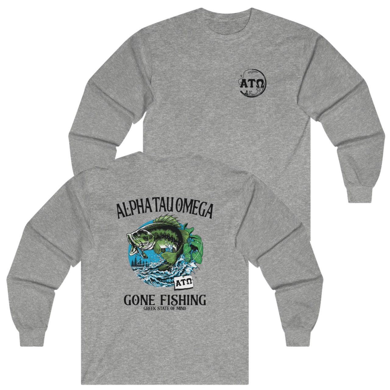 Grey Alpha Tau Omega Graphic Long Sleeve T-Shirt | Gone Fishing | Alpha Tau Omega Fraternity Merch 