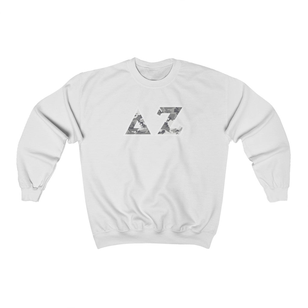 Delta Zeta Printed Letters | Winter Camo Crewneck