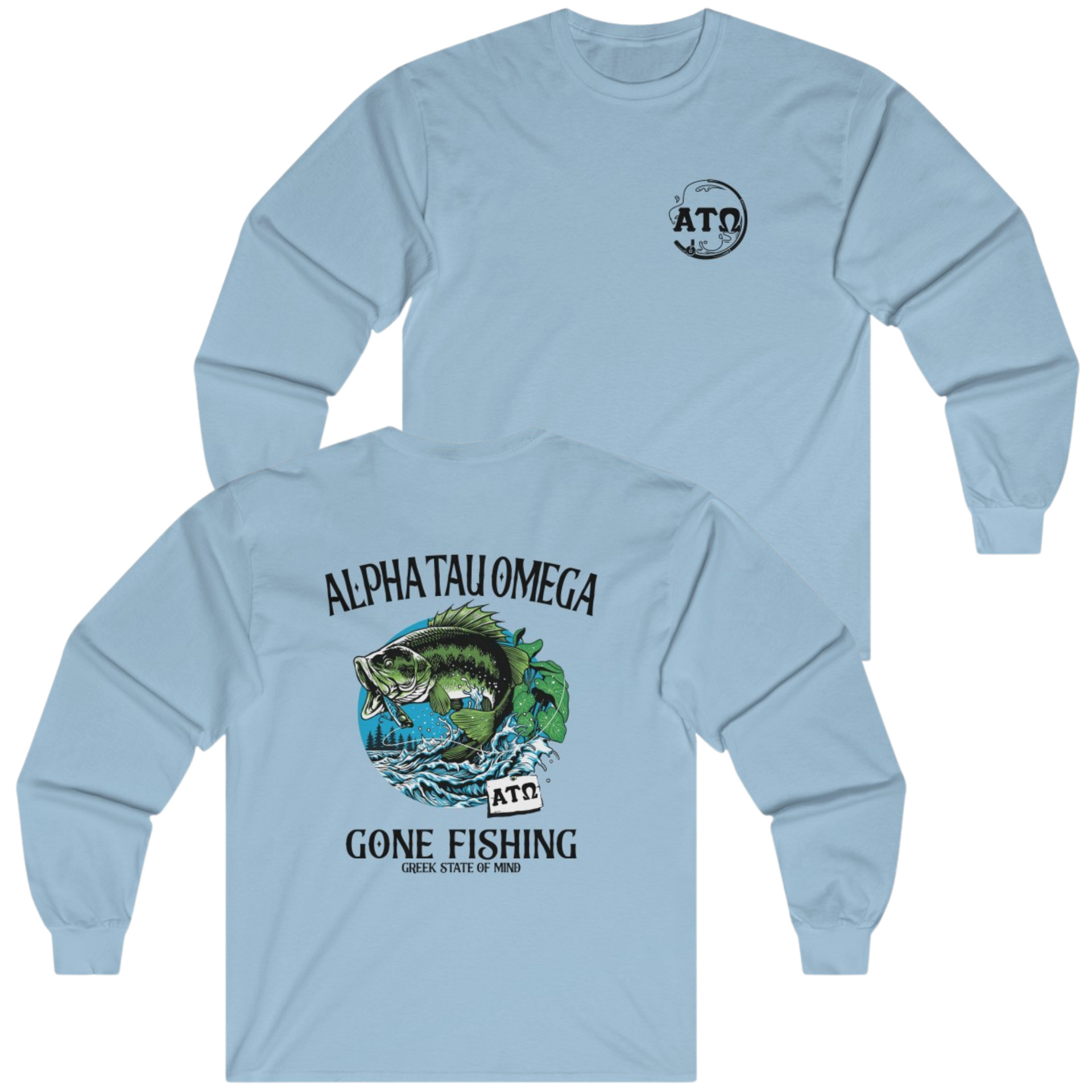 Light Blue Alpha Tau Omega Graphic Long Sleeve T-Shirt | Gone Fishing | Alpha Tau Omega Fraternity Merch 