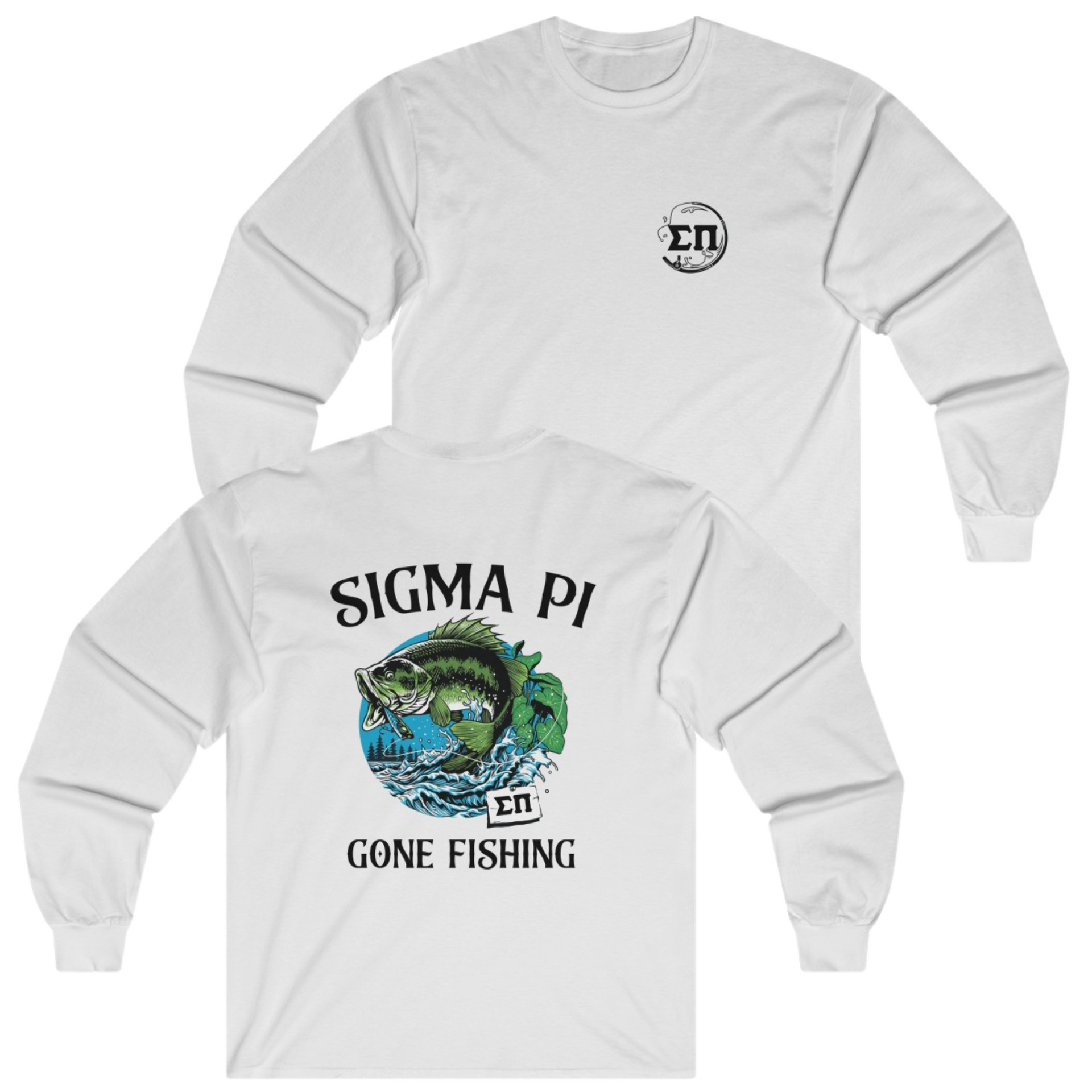 White Sigma Pi Graphic Long Sleeve T-Shirt | Gone Fishing | Sigma Pi Apparel and Merchandise 