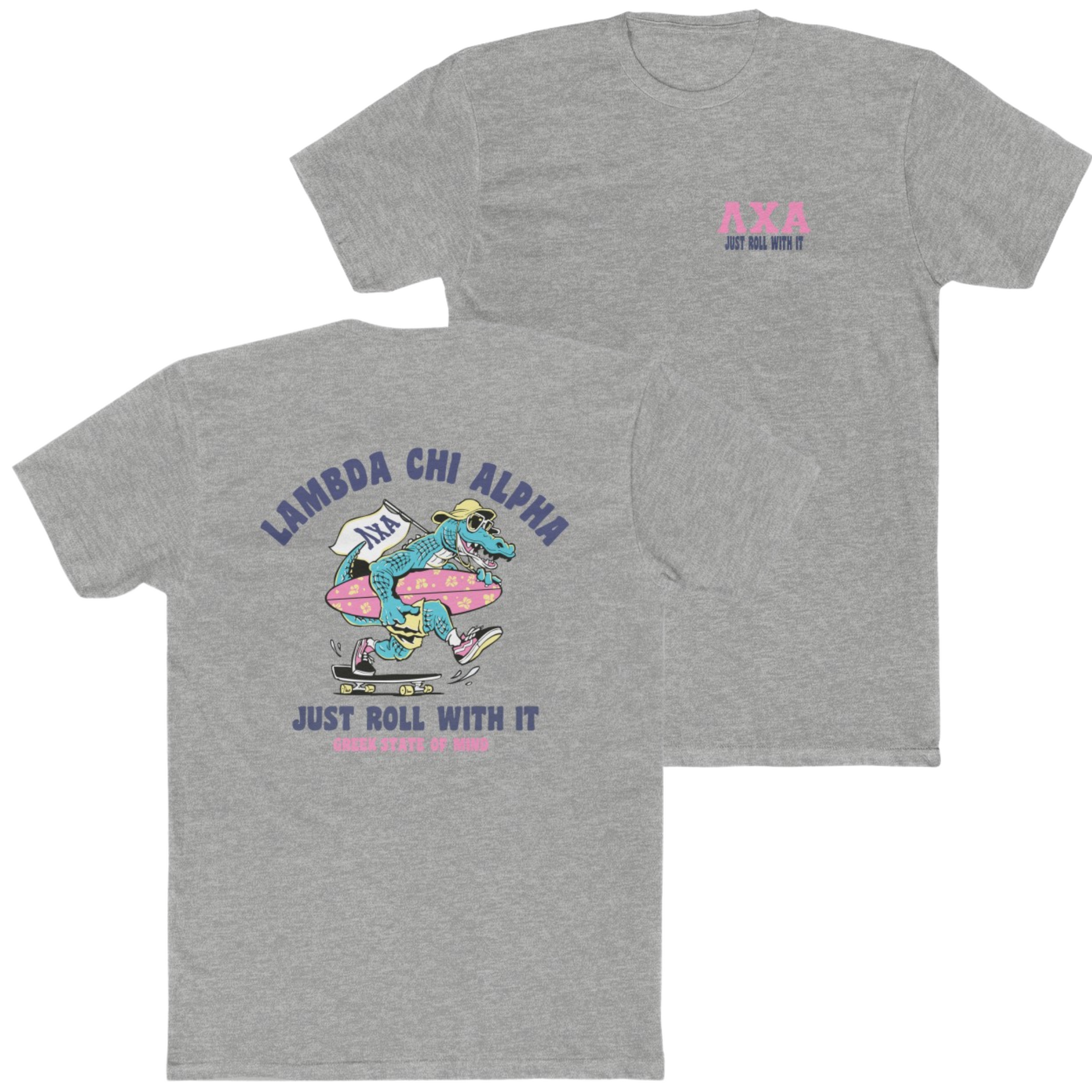 grey Lambda Chi Alpha Graphic T-Shirt | Alligator Skater | Alpha Tau Omega Fraternity Apparel 