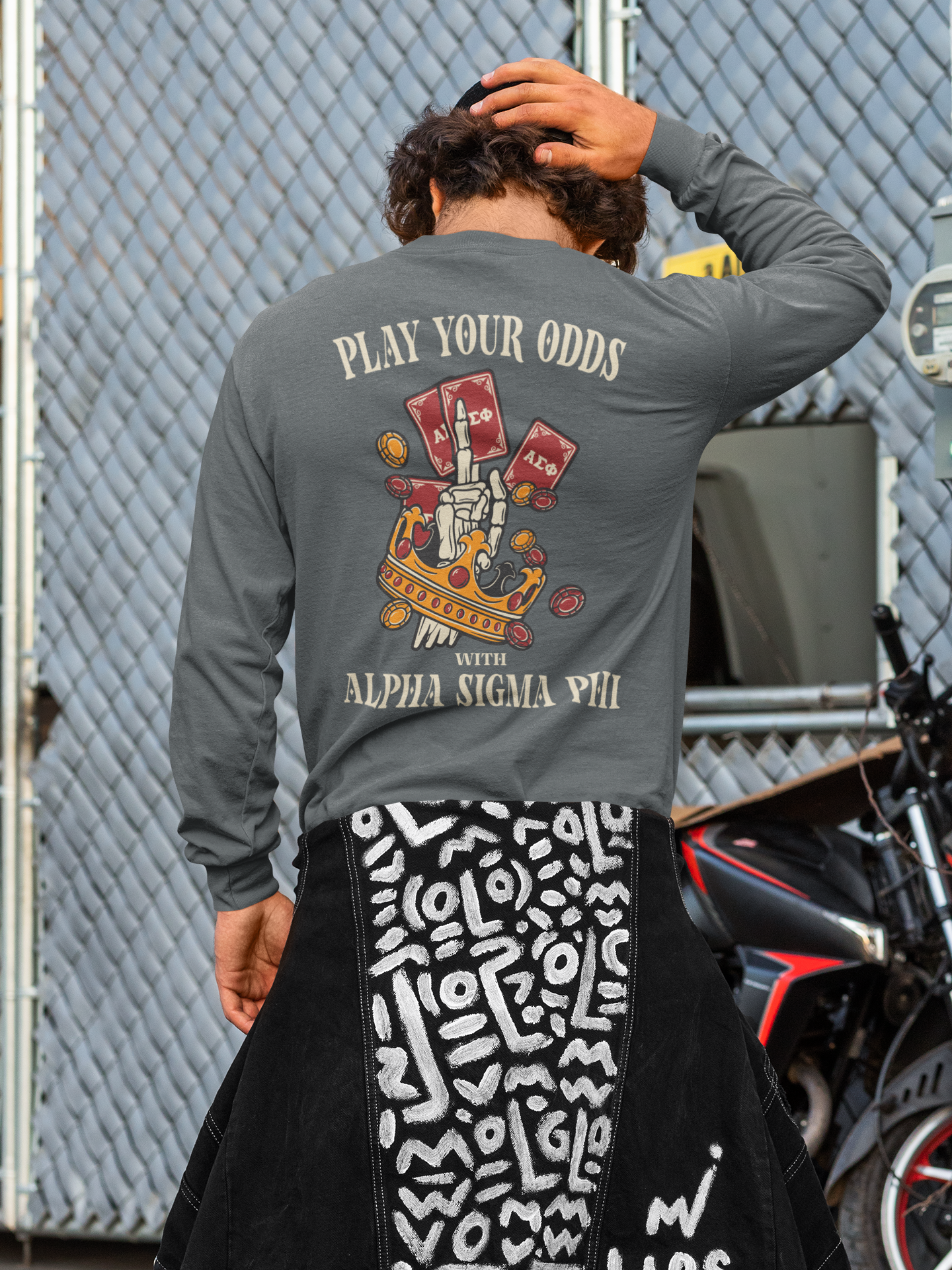 Alpha Sigma Phi Graphic Long Sleeve | Play Your Odds | Alpha Sigma Phi Long Sleeve Fraternity Shirt back model 