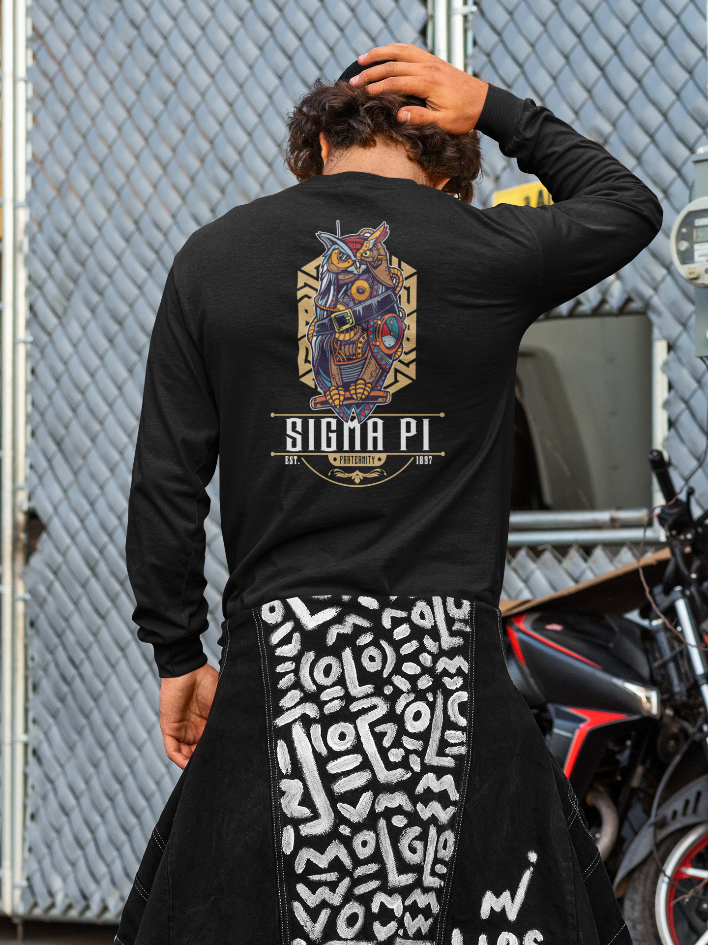 Sigma Pi Graphic Long Sleeve | Steampunk Owl | Sigma Pi Apparel and Merchandise model 